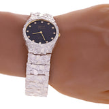 Sterling Silver Nugget Wrist Watch Geneve Diamond Watch 7" - 8.5" Straight Band