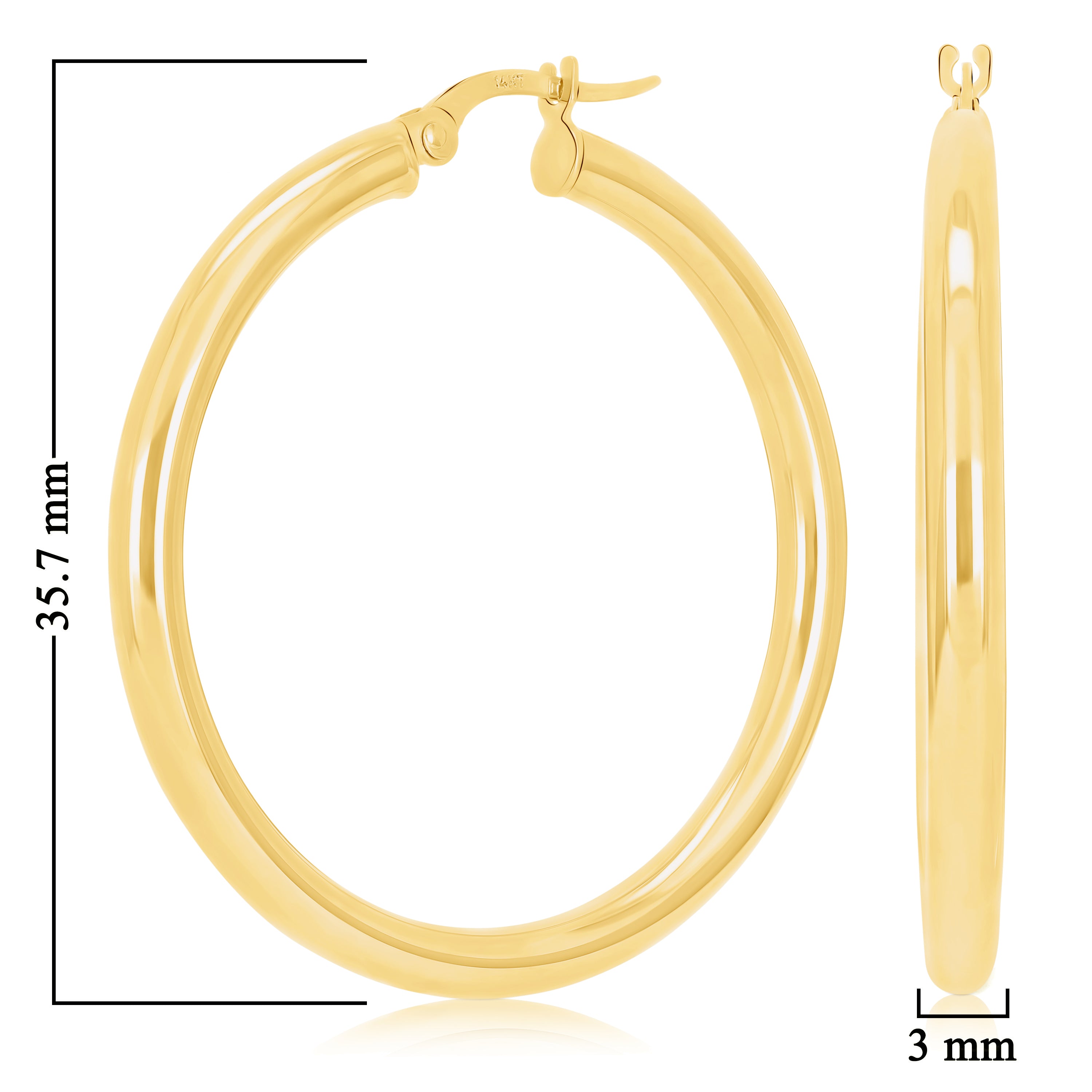 Italian 14k Yellow Gold High Polish 3mm 1.25" Diameter Round Hoop Earrings 2.9g