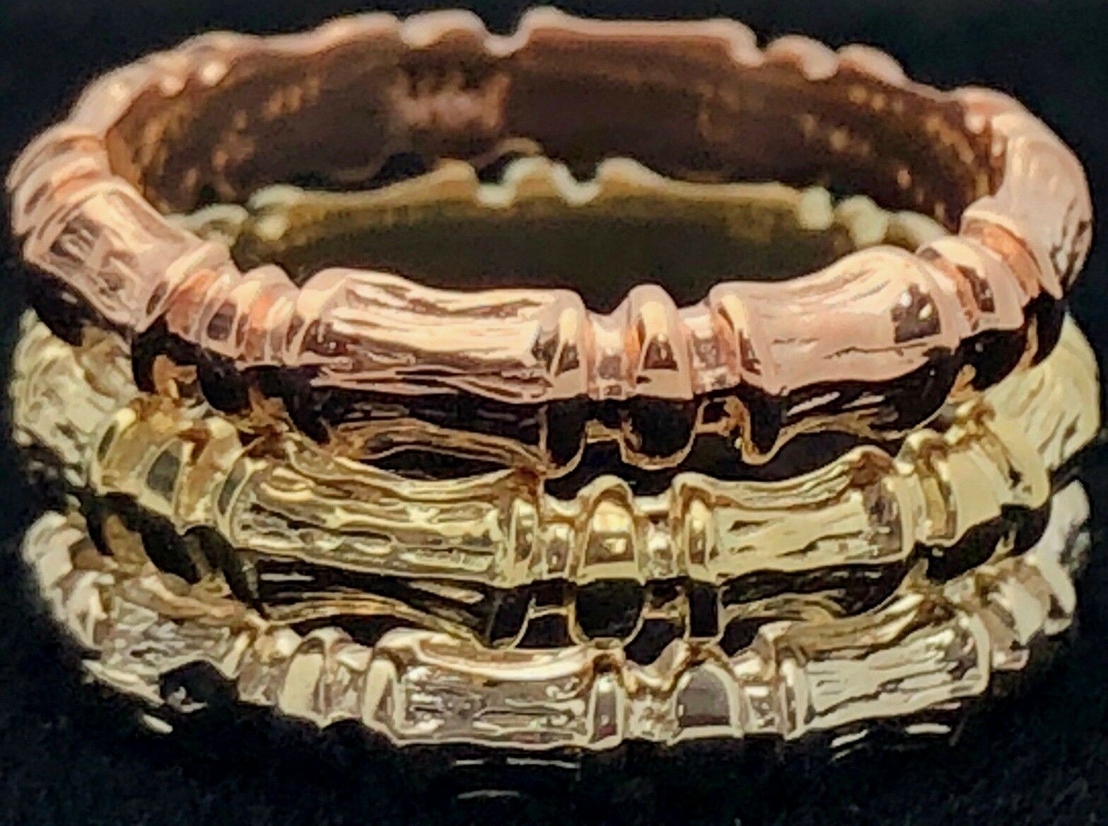 14k Tri Color Gold Stackable Bamboo Ring 3 piece Ring Set Size 7 3.5mm each 8.6g