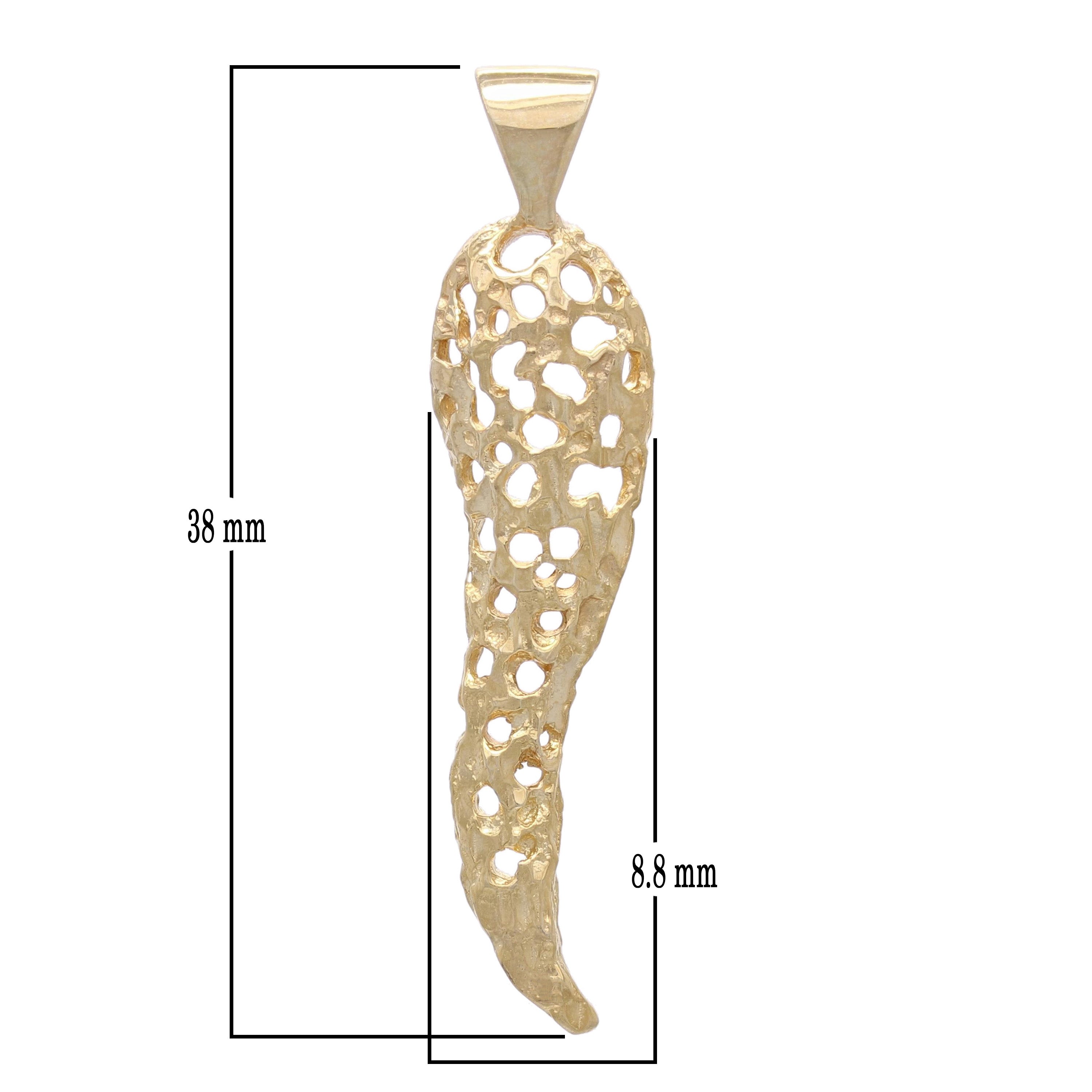 14k Yellow Gold Nugget Italian Horn Pendant Good Luck Charm 1.5" 2 grams - Yellow