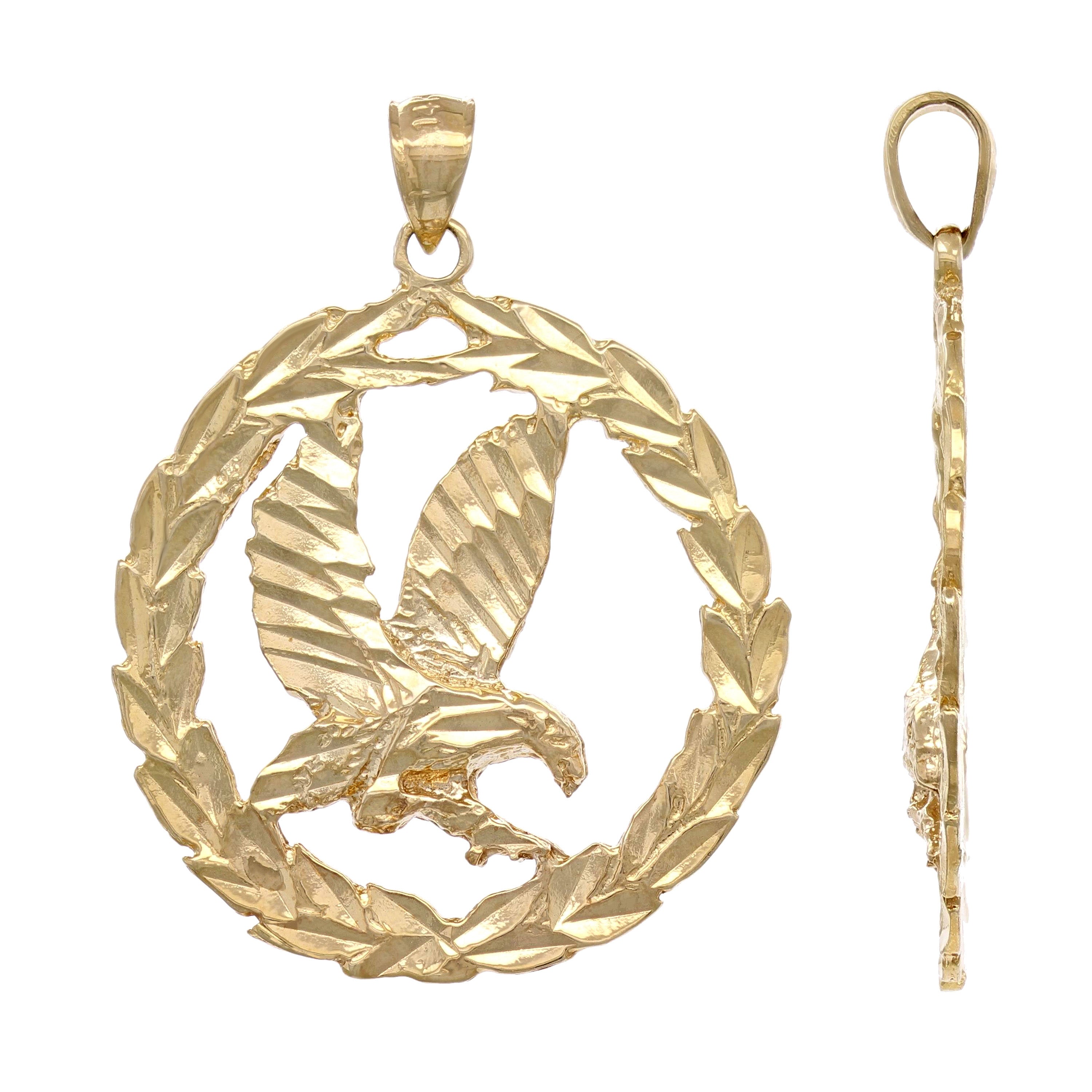 14k Yellow Gold Solid Diamond Cut Flying Eagle in Wreath Pendant 4.5 grams - Yellow