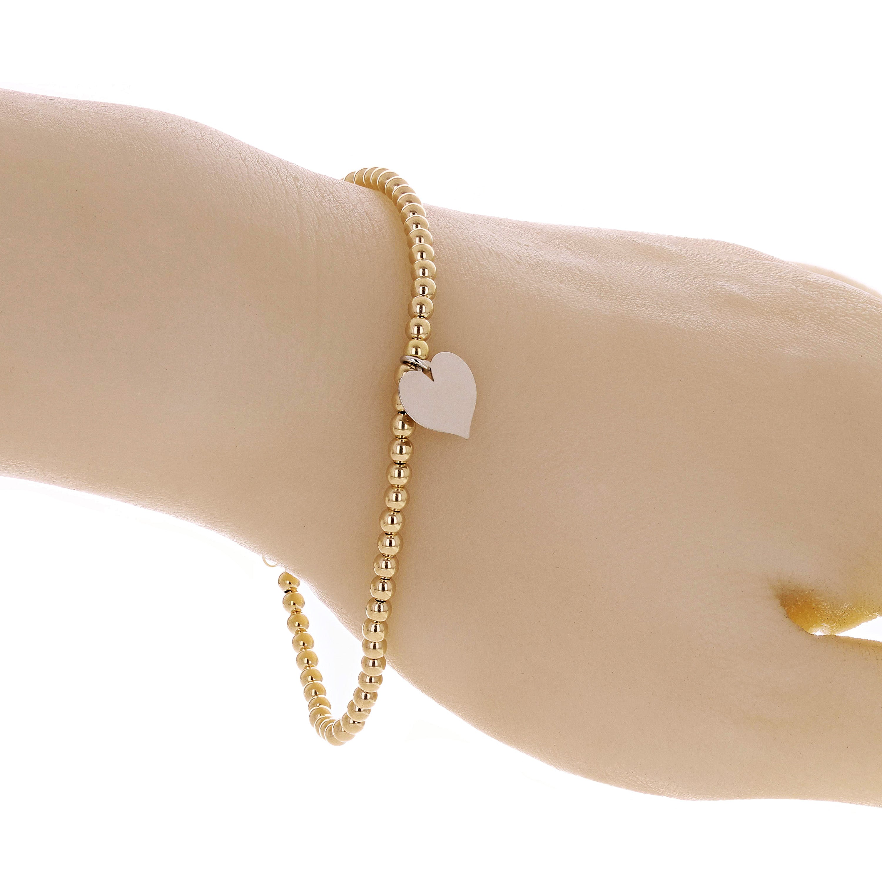 Italian 14k Two Tone Gold Ball Bead Bracelet with Heart Charm 8" 3mm 3.4 grams