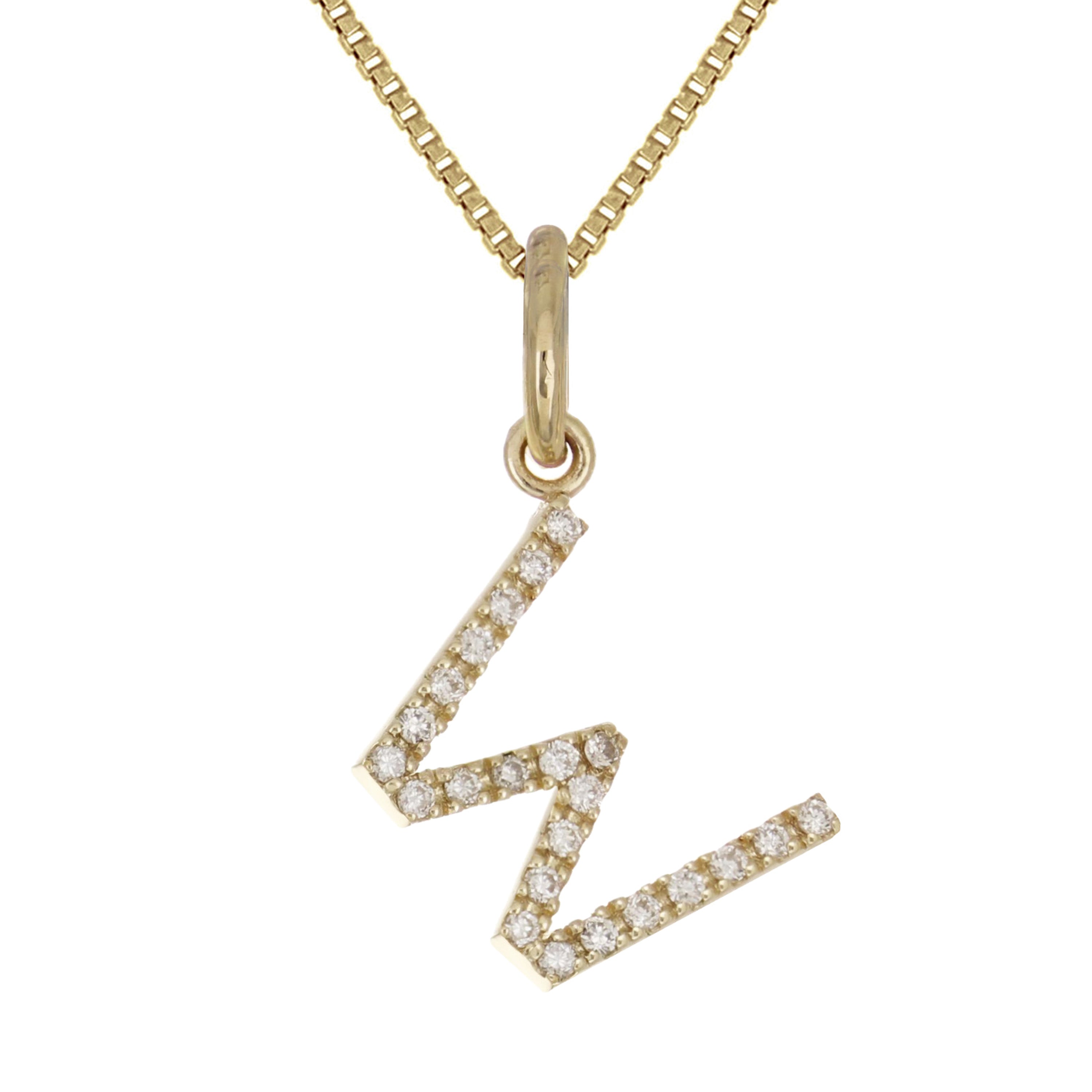 14k Yellow Gold Diamond Initial Letter W Charm Pendant Necklace 18" - Letter W,Yellow