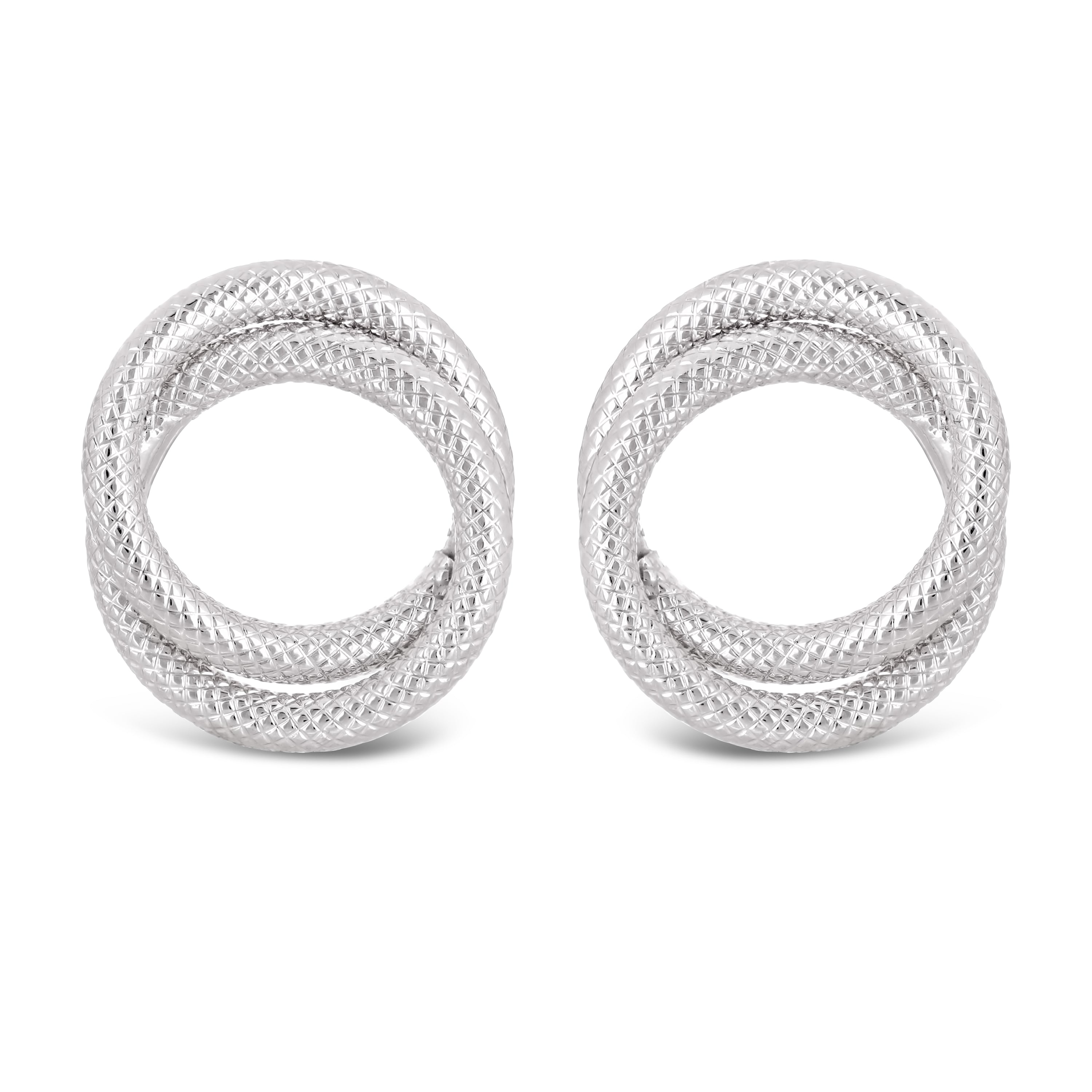Italian 14k White Gold Braided Rope Tube Eternity Circle Love Knot Stud Earrings - White Double Circle