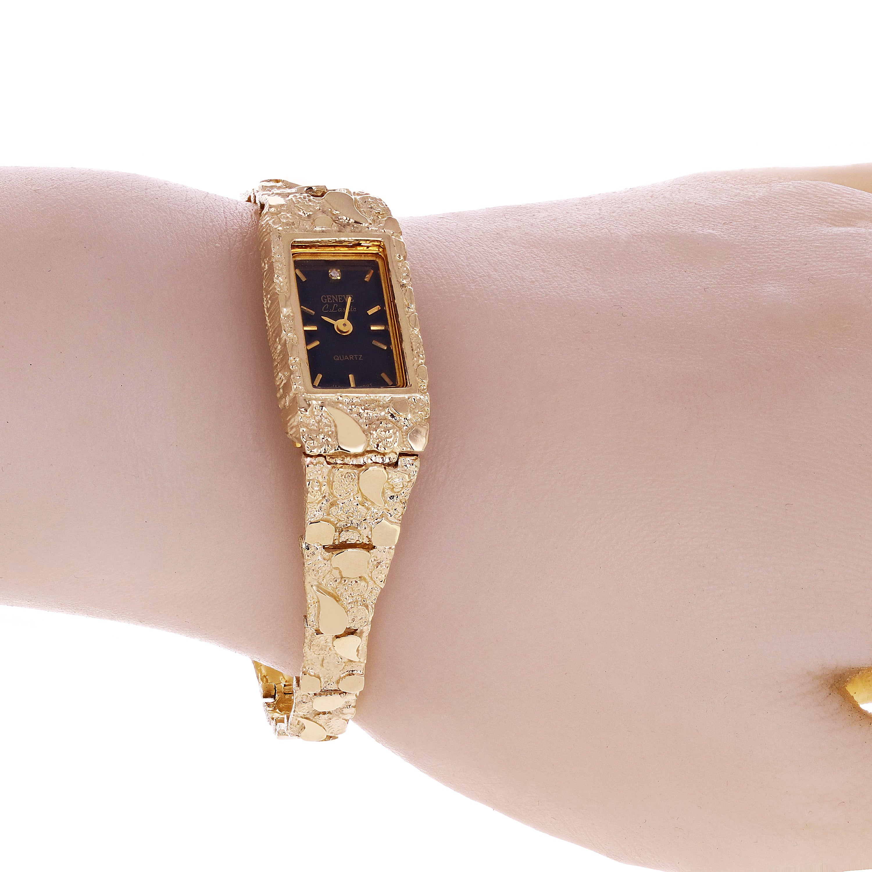 Women's 14k Yellow Gold Nugget Link Bracelet Geneve Wrist Watch with Diamond 7"
