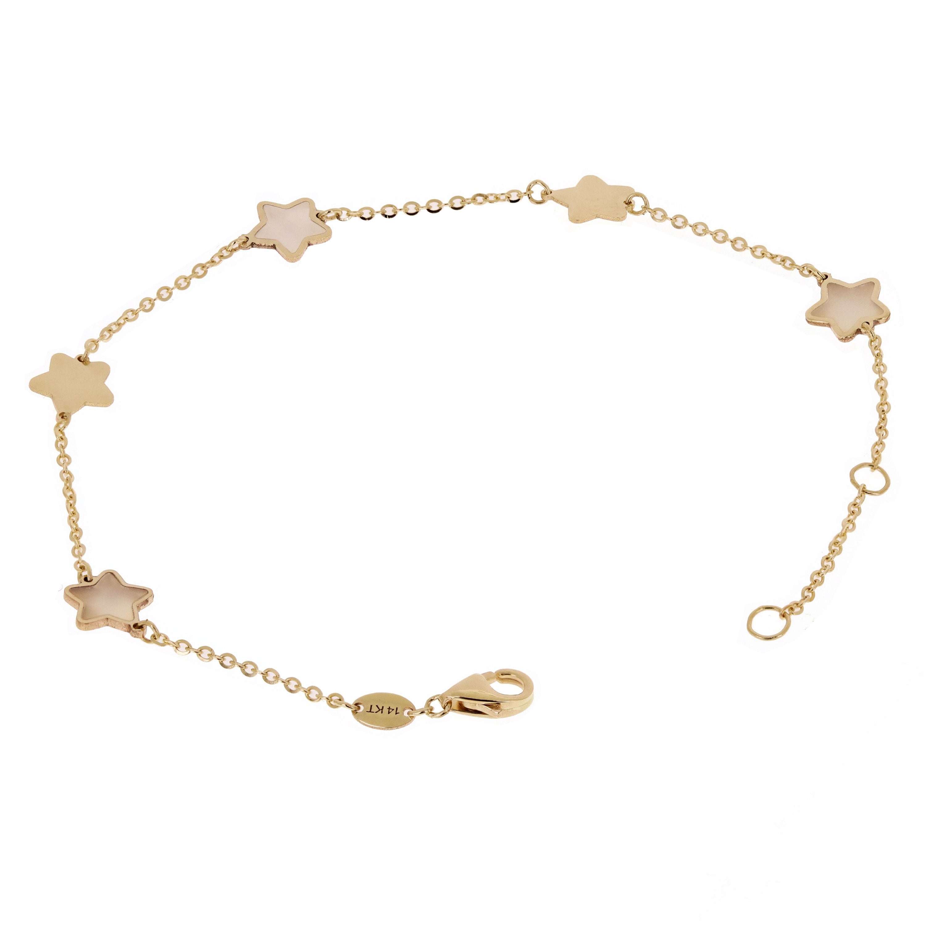 Italian 14k Yellow Gold & Mother of Pearl STAR Charm Bracelet 7" 1.5 grams
