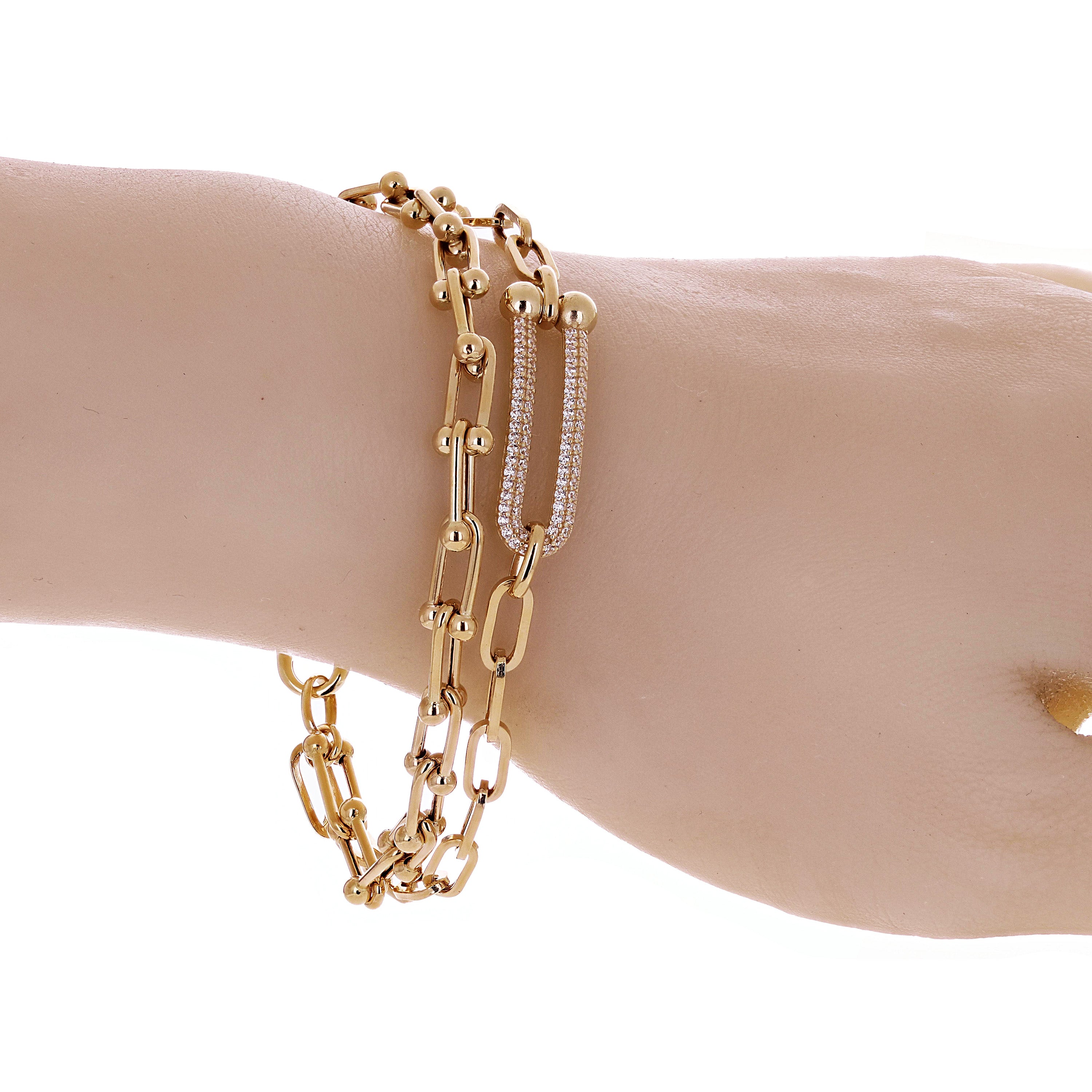 Italian 14k Yellow Gold Double U Shape Hardwear Link Bracelet with CZ 8" 12.4g - 8" 12.4 grams