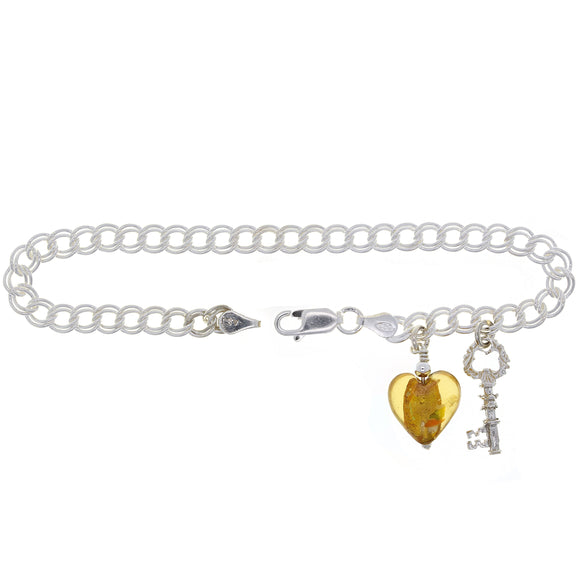 925 Sterling Silver Key & Yellow Heart Murano Glass Link Charm Bracelet 7.5