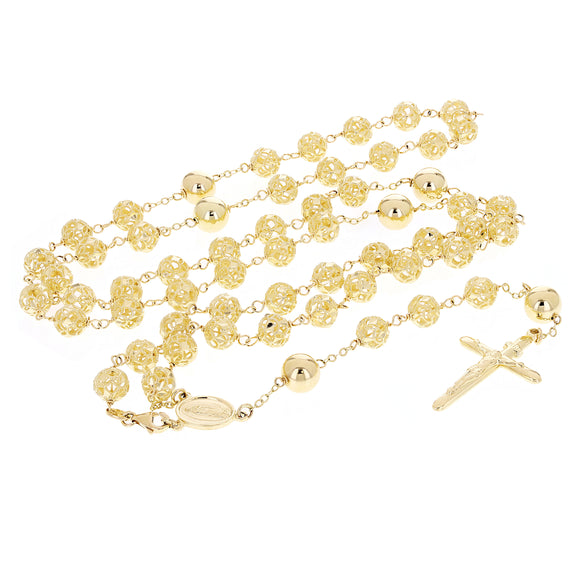 Italian 14k Yellow Gold Diamond-Cut Beaded Rosary Necklace 7mm 29