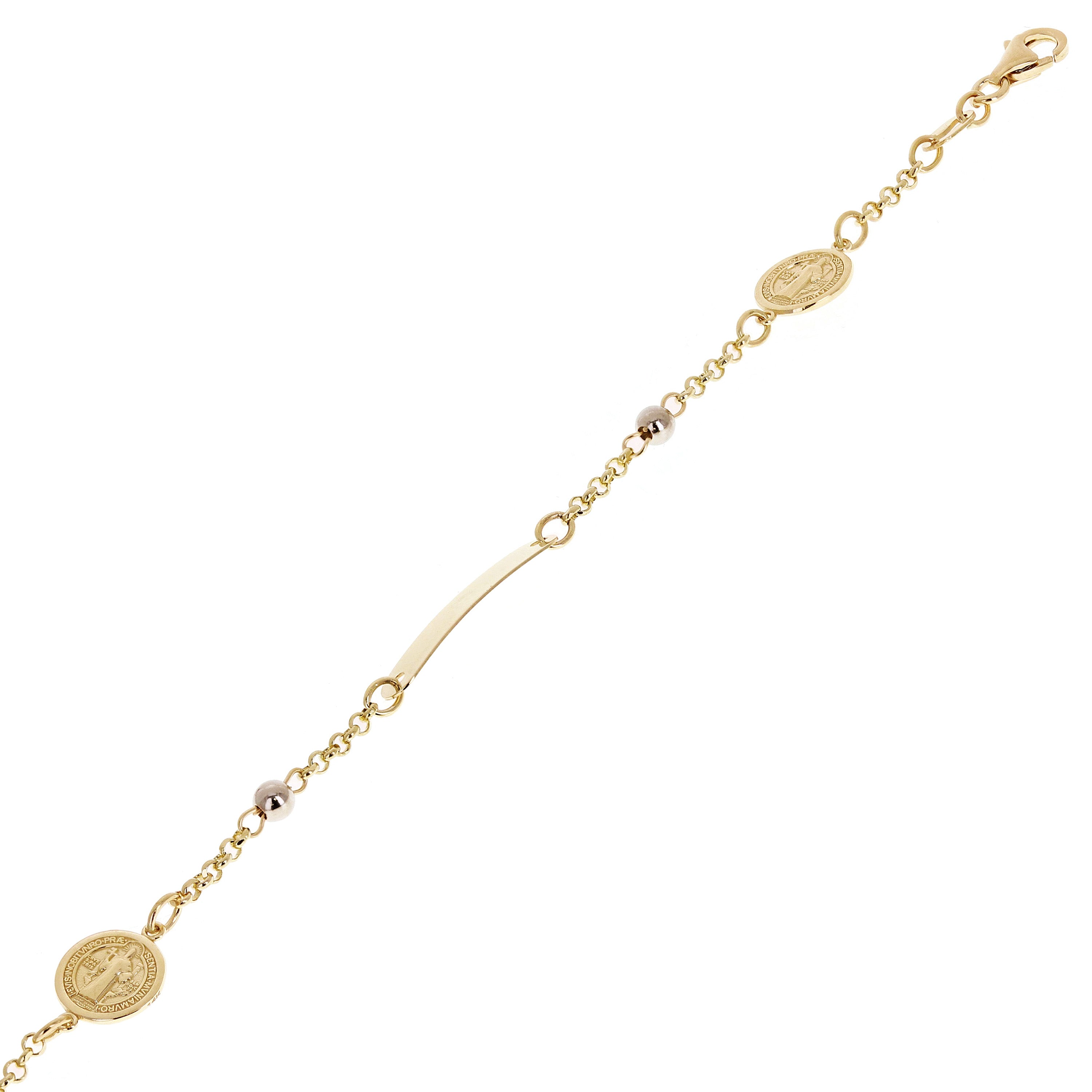 Italian 14k Two-Tone Gold Engravable St. Benedict Charm Baby ID Bracelet 5.5"