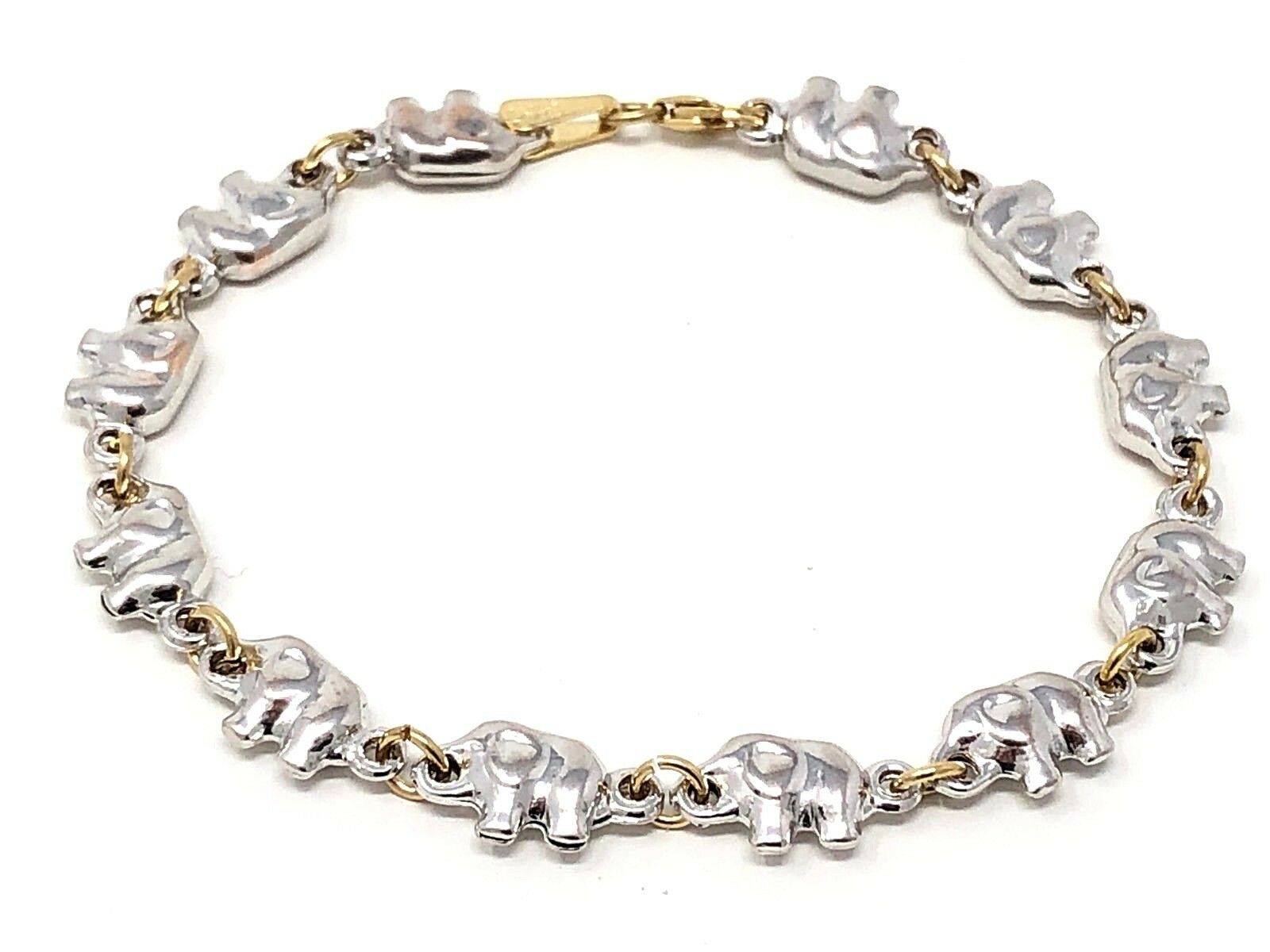 Italian 14k Two Tone Gold Hollow Charm Elephant Bracelet 6.8" 6.7mm 6.6 grams