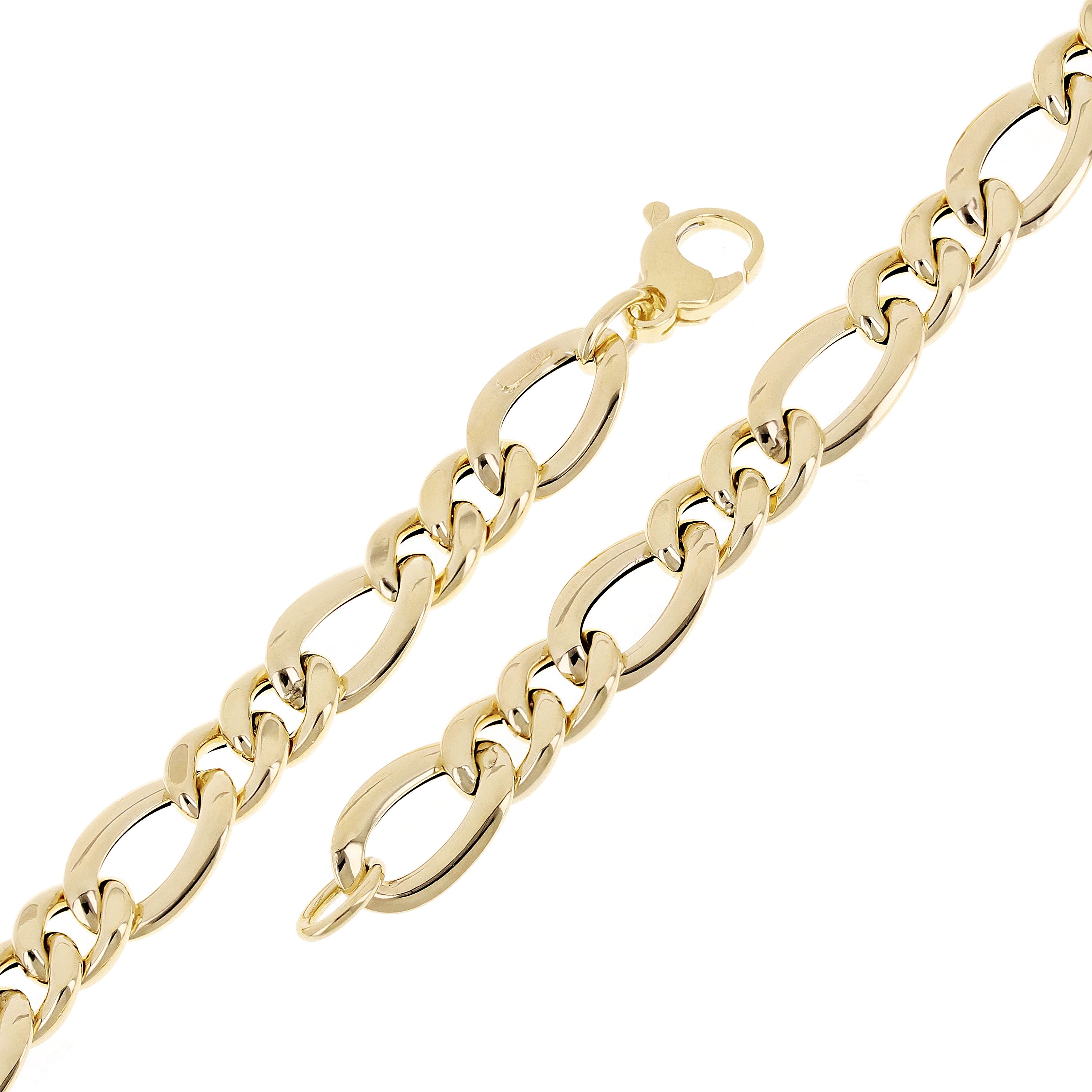 Women's Italian 14k Yellow Gold Hollow Figaro Chain Bracelet 7.5" 9mm 5.3 grams