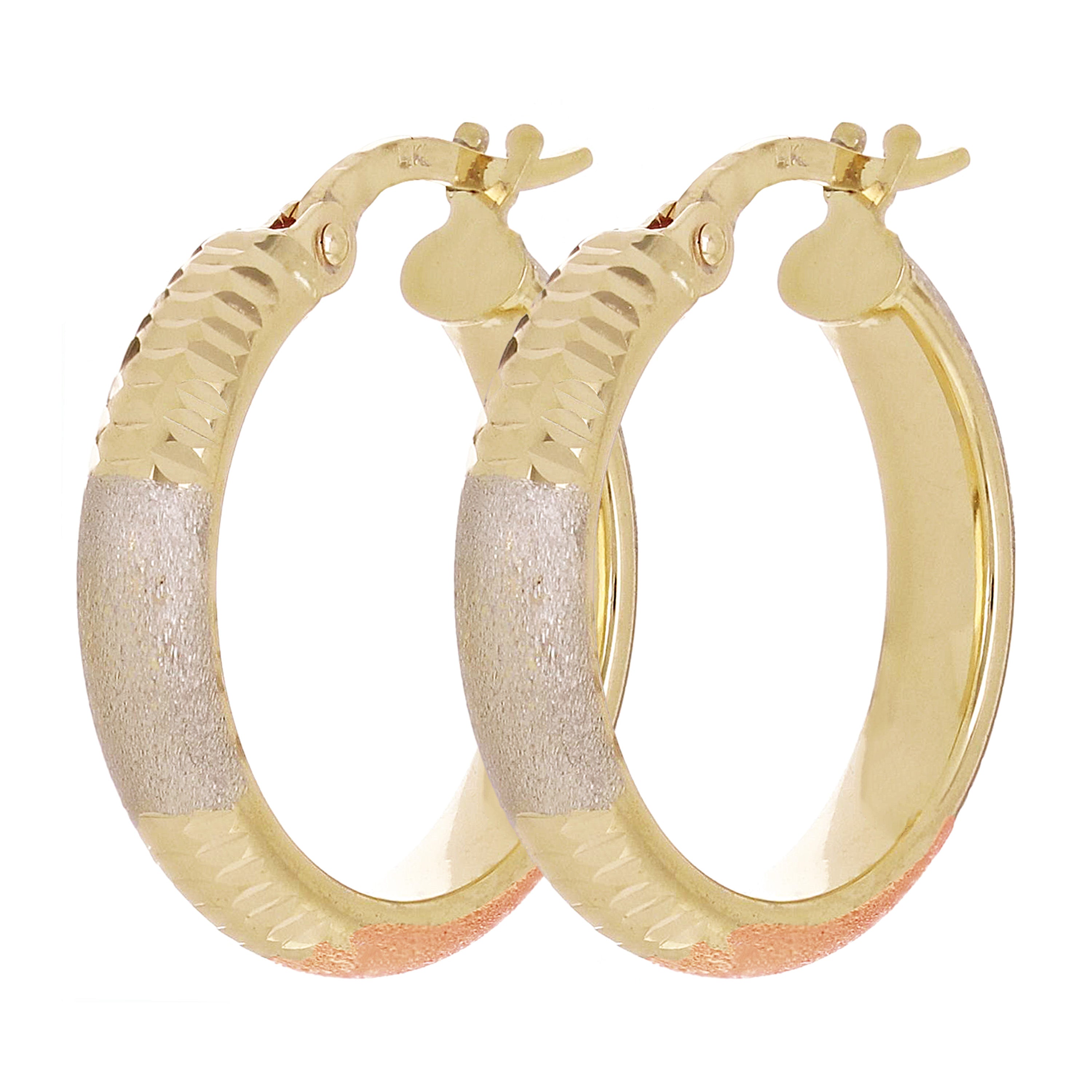 Italian 14k Tri-Color Gold Satin & Diamond Cut Hoop Earrings 20mmx3.8mm 2 grams