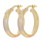 Italian 14k Tri-Color Gold Satin & Diamond Cut Hoop Earrings 20mmx3.8mm 2 grams