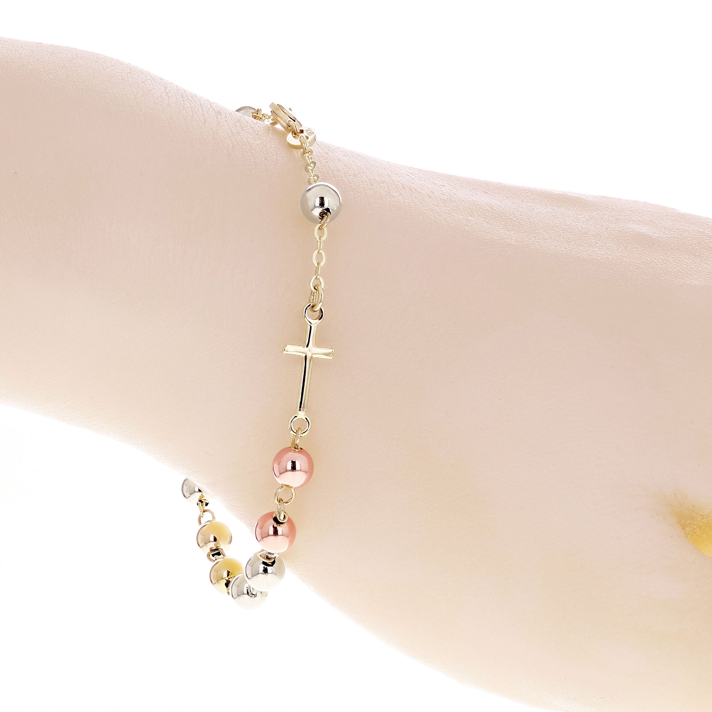 Italian 14k Tri-Color Gold Miraculous Medal Charm Rosary Bracelet 7.75" 5mm 3.4g
