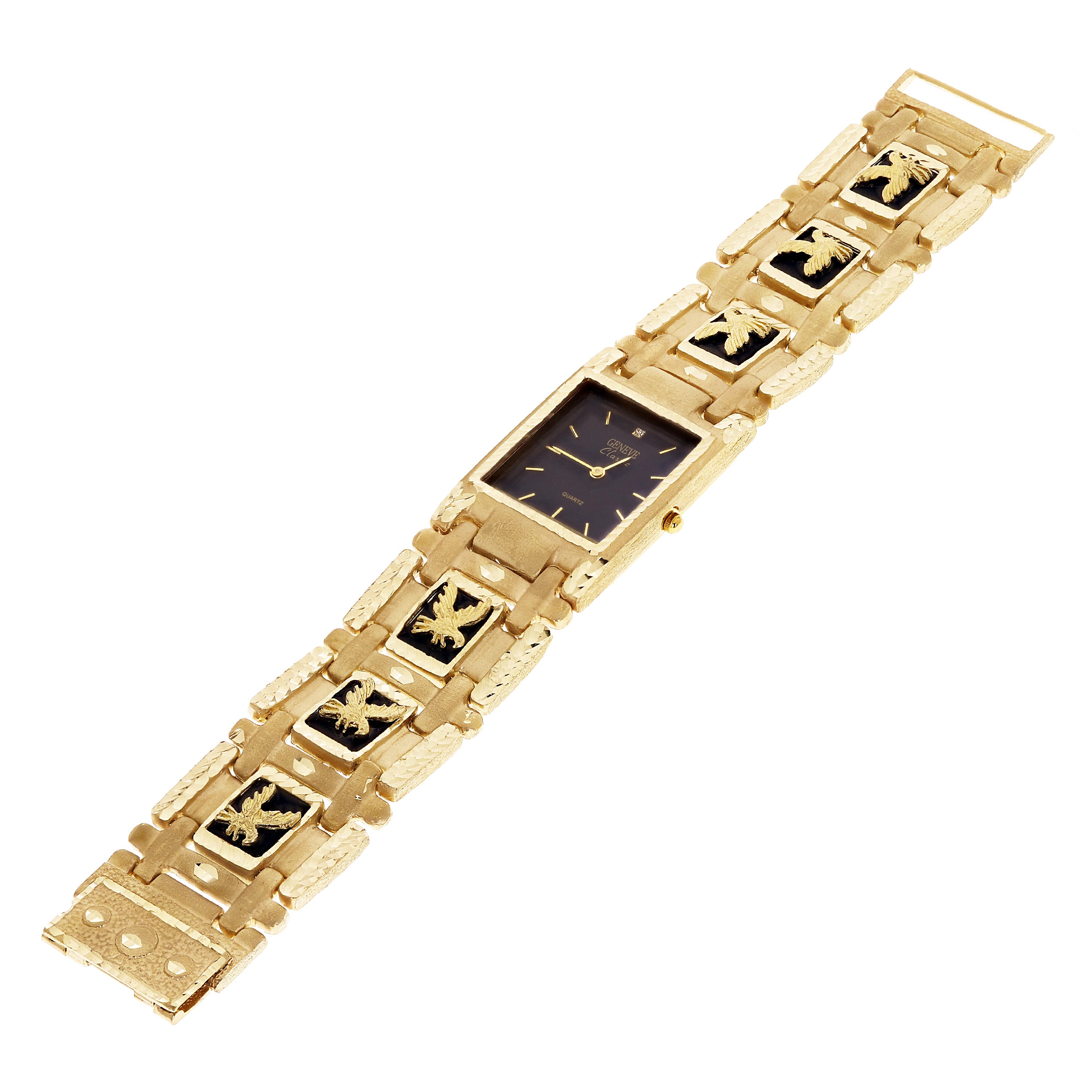 14k Yellow Gold Watch Band Eagle&Black Onyx Geneve Diamond Watch 7.5" 73.4 grams - Black 7.5" 73.4 grams