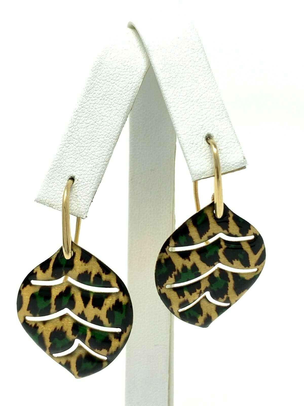 Italian 14k Yellow Gold Enamel Animal Print Leaf Earrings and Pendant Set