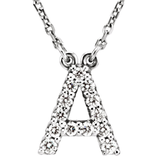 14k White Gold Diamond Initial Letter A Alphabet Rolo Pendant Necklace 18" - Letter A,White