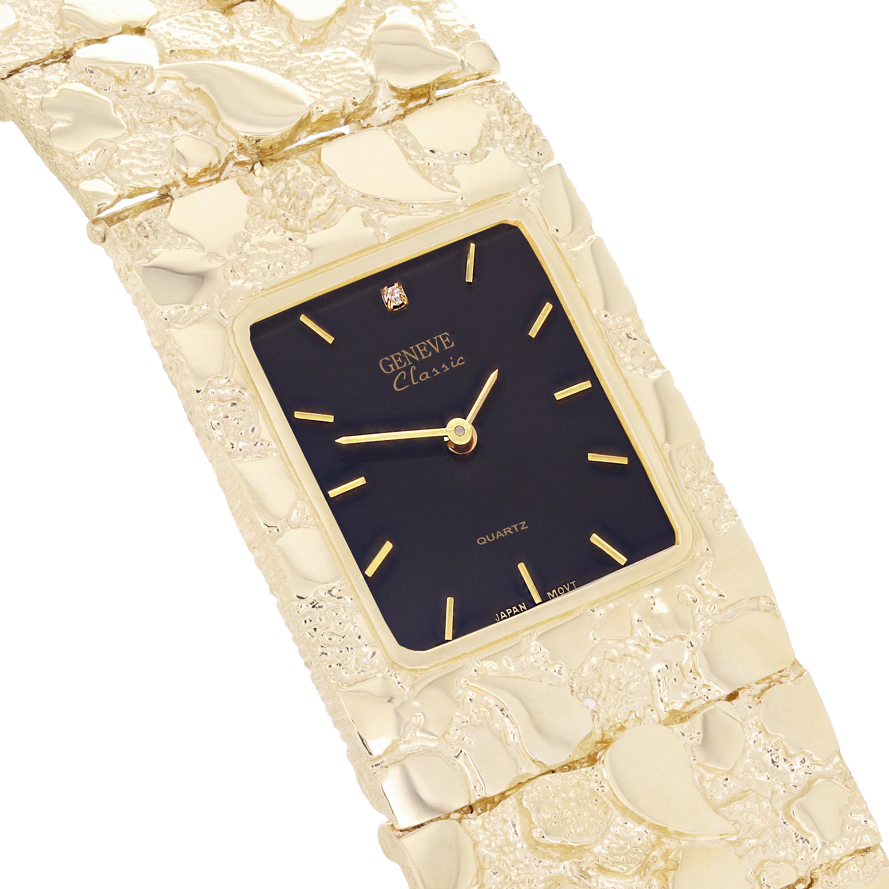 10k Yellow Gold Solid Chunky Nugget Wrist Watch Geneve Diamond Watch 7.5" 85.8 grams - Black 7.5" 85.8 grams
