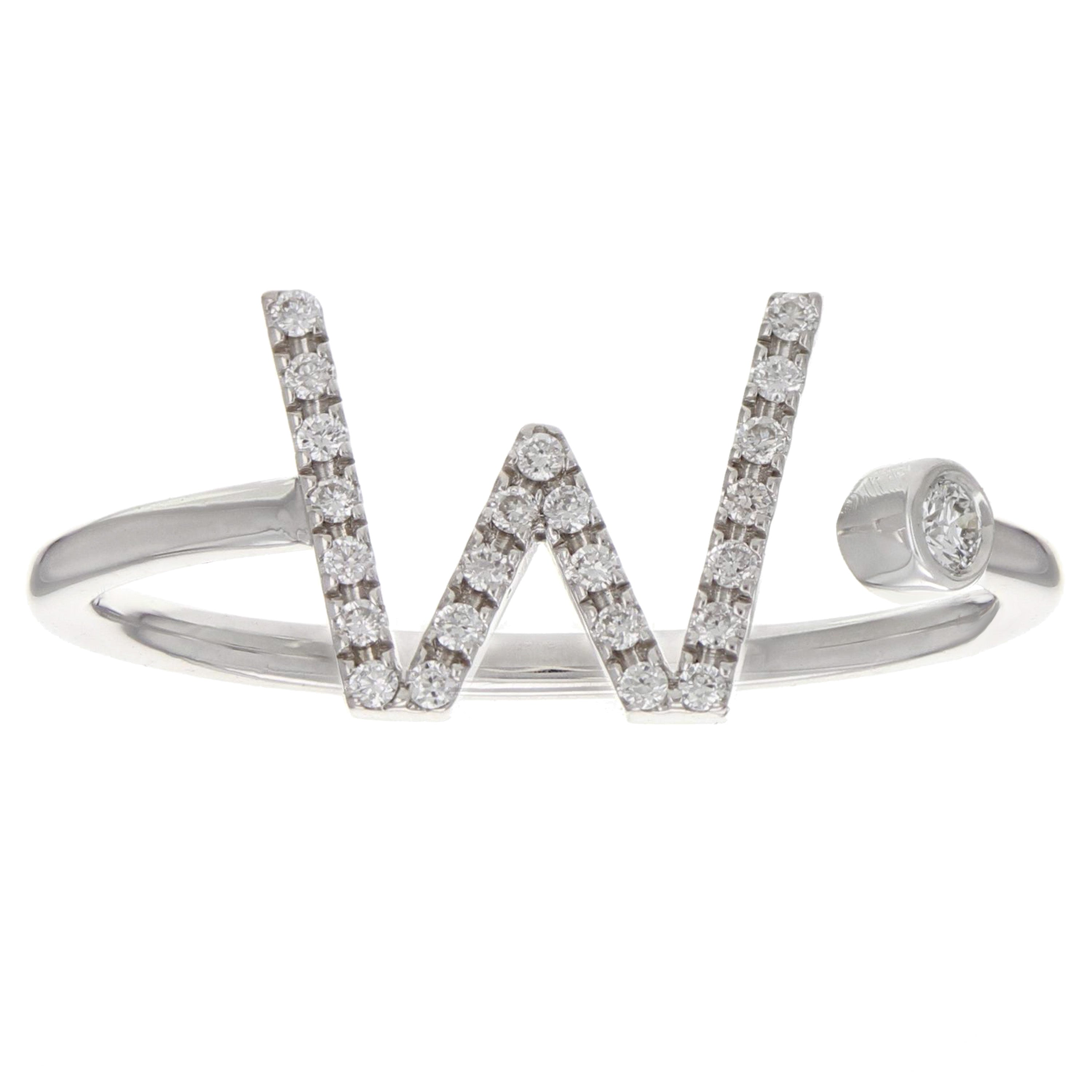 14k White Gold Diamond Initial Letter W Ring Size 6 - Letter W,White