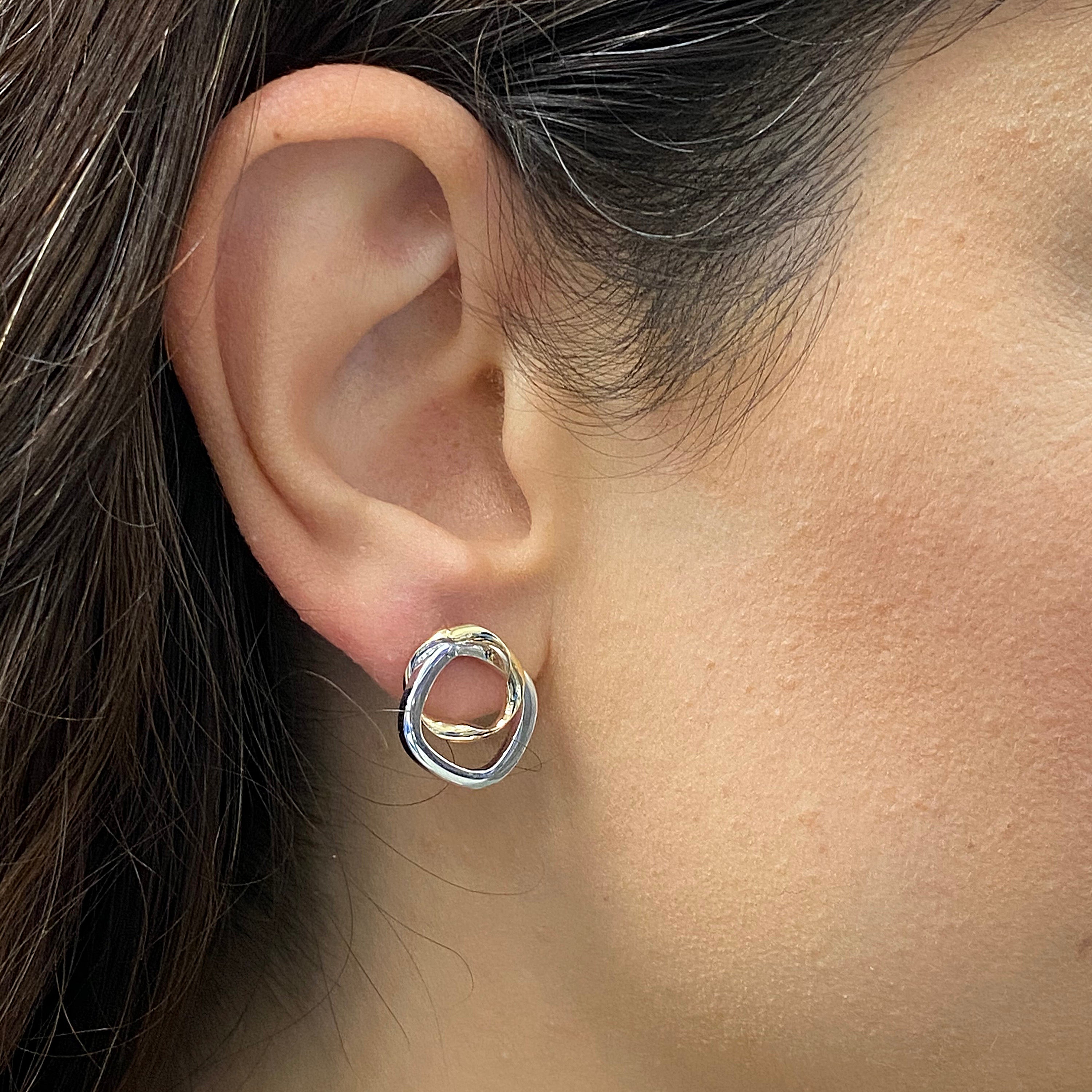 Italian 14k Yellow & White Gold Bright Shine Tubular Double Hoop Stud Earrings - Twisted Circle