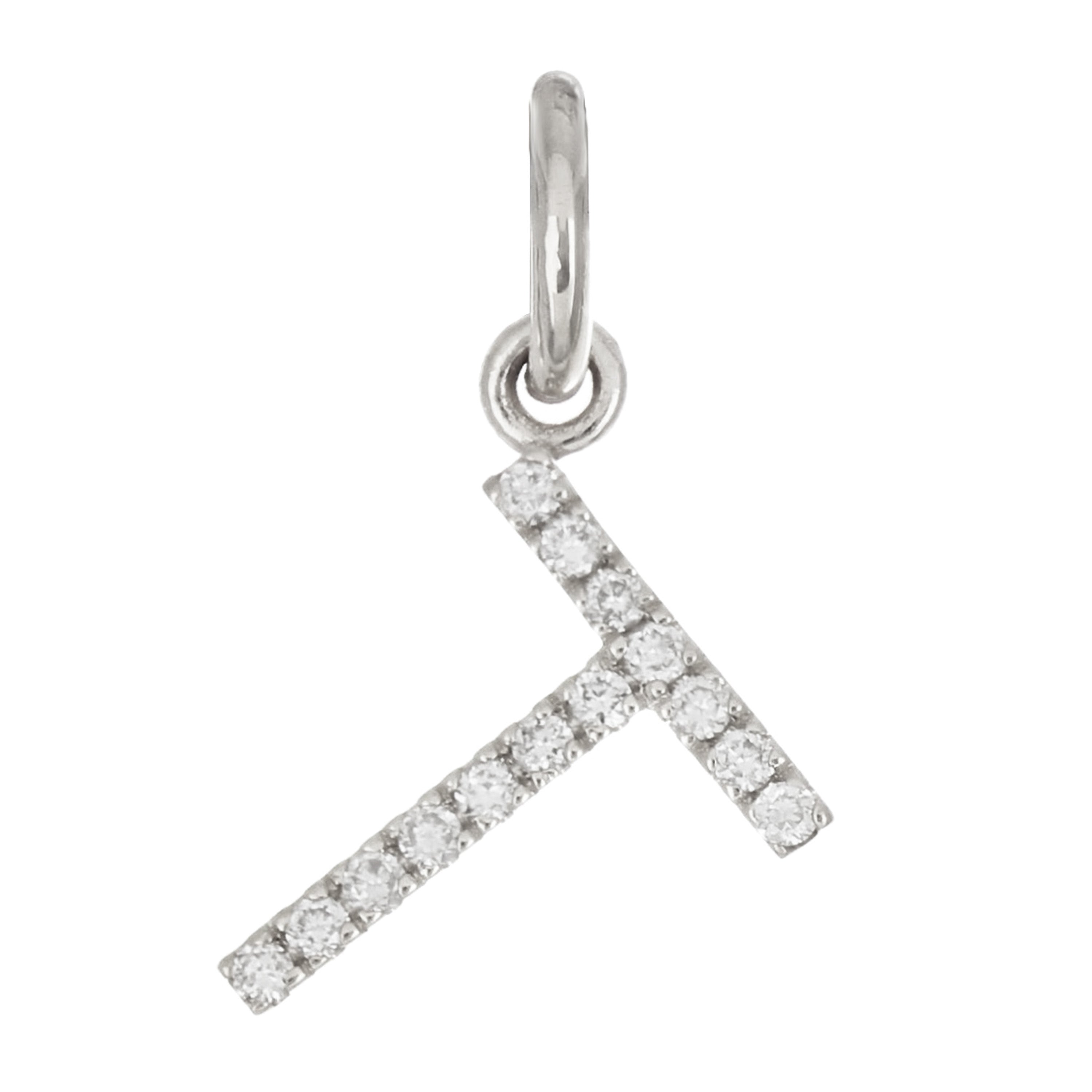 14k White Gold Diamond Initial Letter T Charm Pendant - Letter T,White