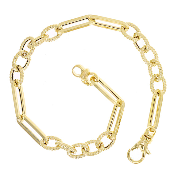 Italian 14k Yellow Gold Oval Twisted & Paper Clip Link Bracelet 7.75