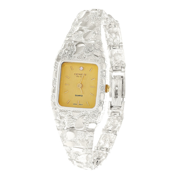 Women's 925 Sterling Silver Nugget Link Geneve Diamond Wrist Watch 7.5-8