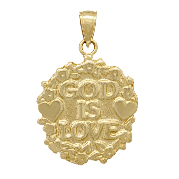 14k Yellow Gold Solid GOD IS LOVE Heart & Flowers Charm Pendant 1.2