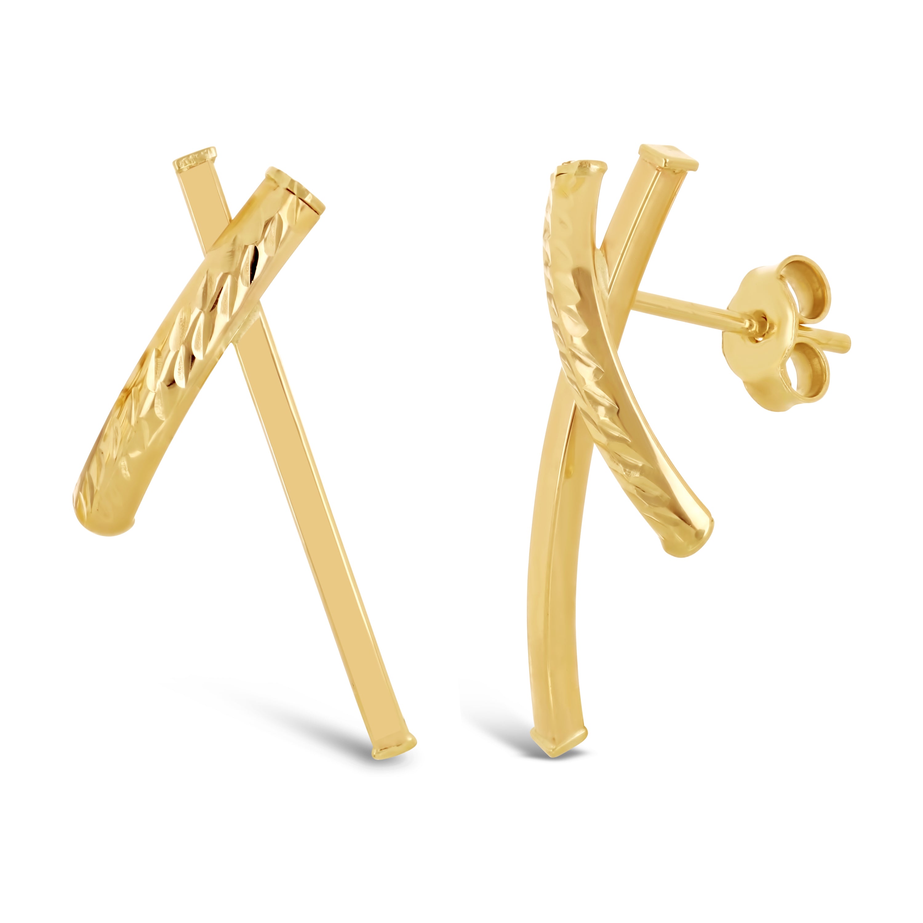 Italian 14k Yellow Gold Diamond Cut Asymmetrical X-Shaped Hugs Stud Earrings - Asymmetric
