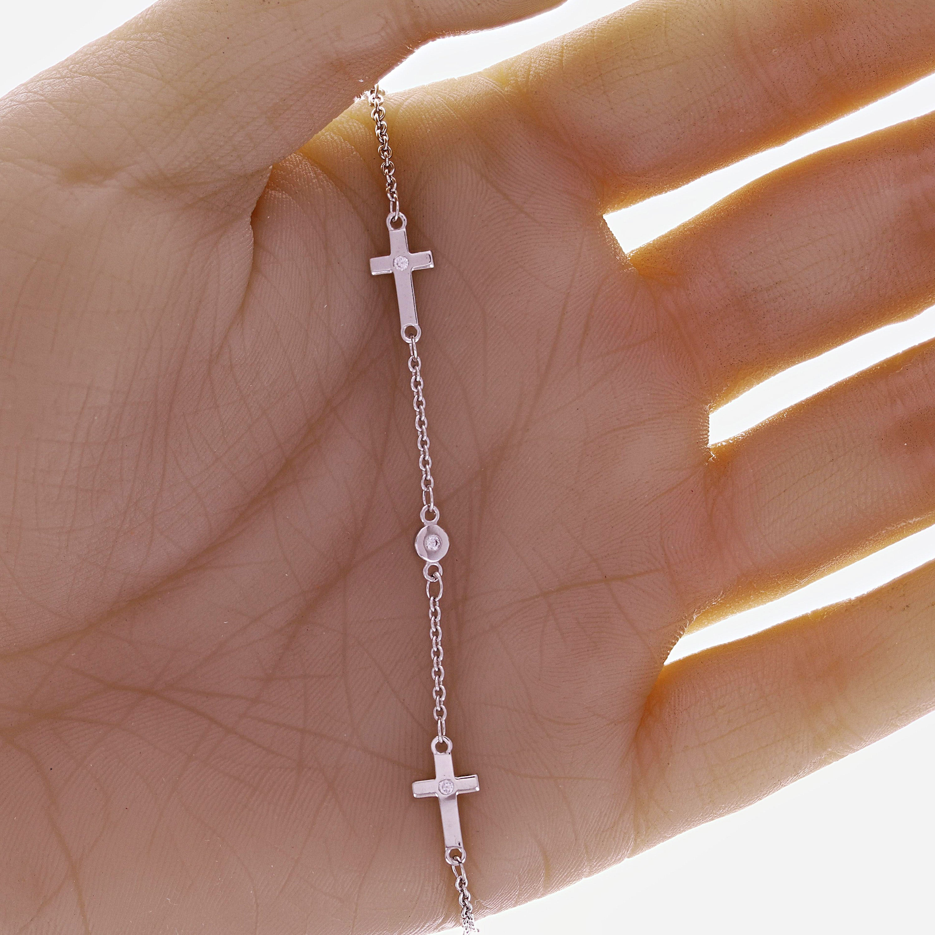 Italian 14k White Gold Round & Sideways Cross Charm Bracelet 7" 2.2 grams