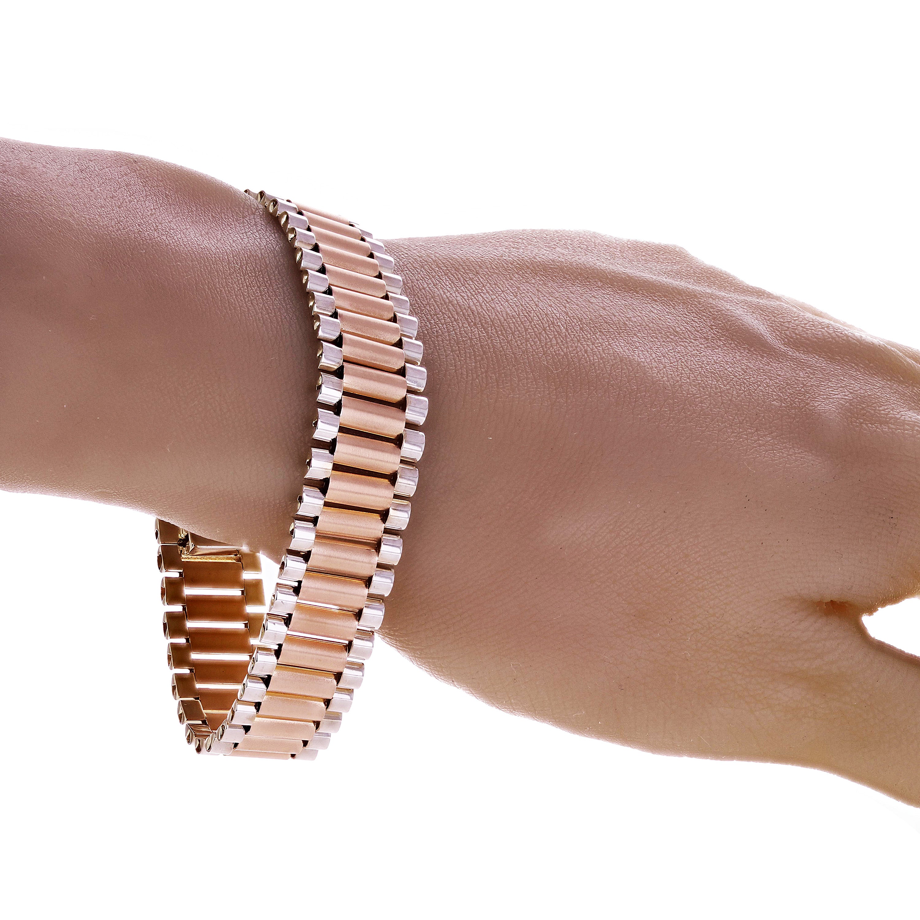 Italian Two-Tone 14k White & Rose Gold Watch Link Bracelet 8" 15.1mm 36 grams - 36 grams
