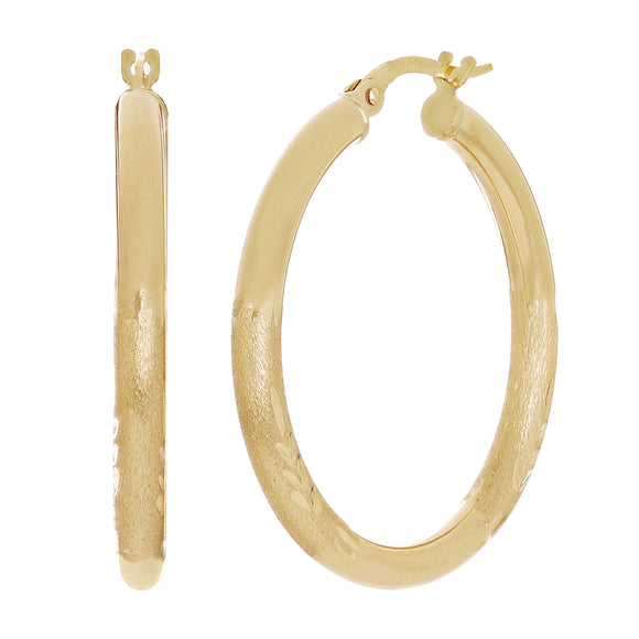 Italain 14k Yellow Gold Polished & Sand Finish Round Hoop Earrings 1.2