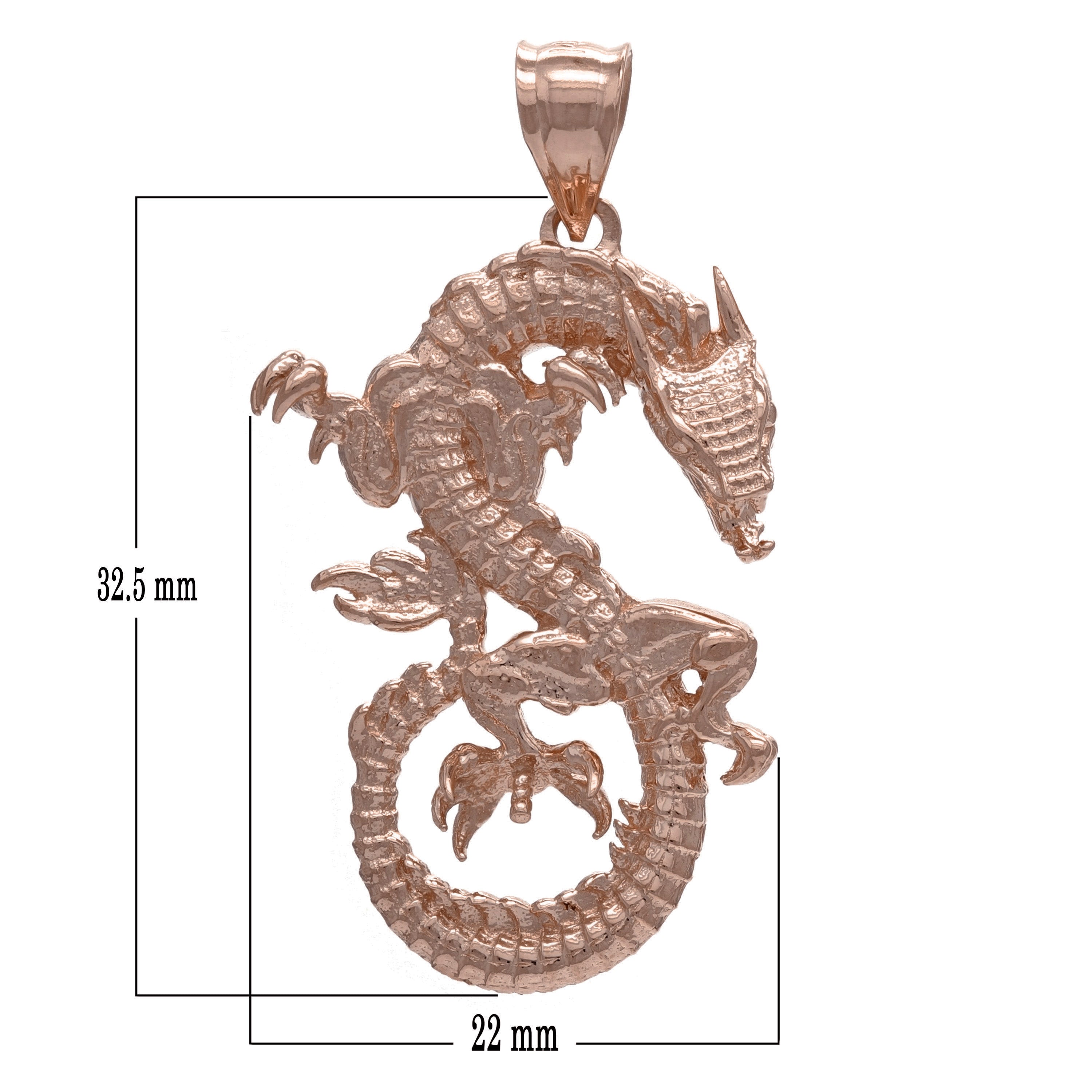 14k Rose Gold Solid Detailed 3D Good Luck Dragon Pendant - Rose