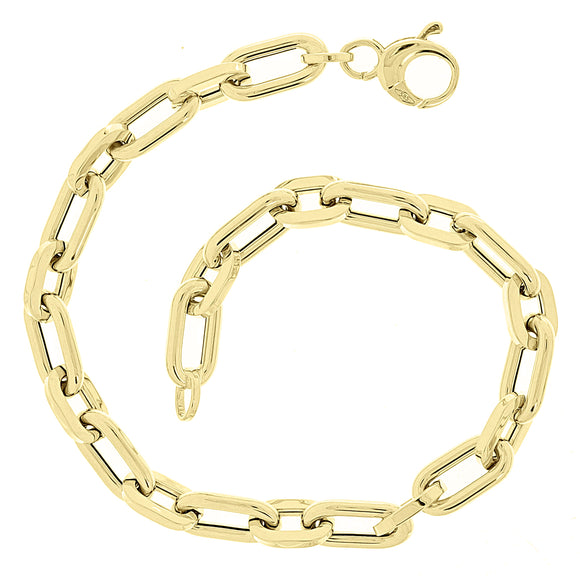 Italian 14k Yellow Gold Hollow Oval Paper Clip Link Bracelet 7.75