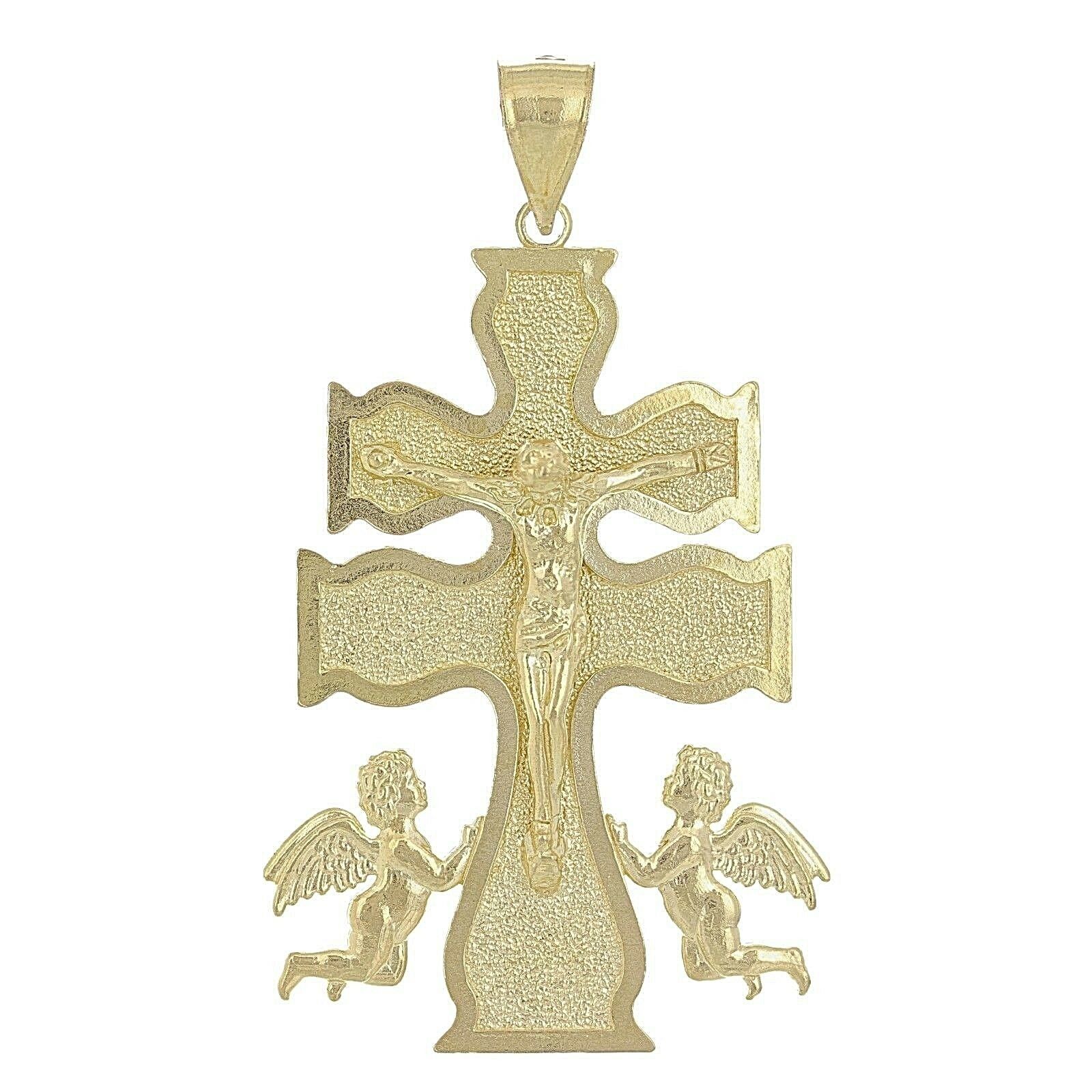 14k Yellow Gold Caravaca Double Cross with Angels Crucifix Pendant 2" 8.2 grams - Yellow