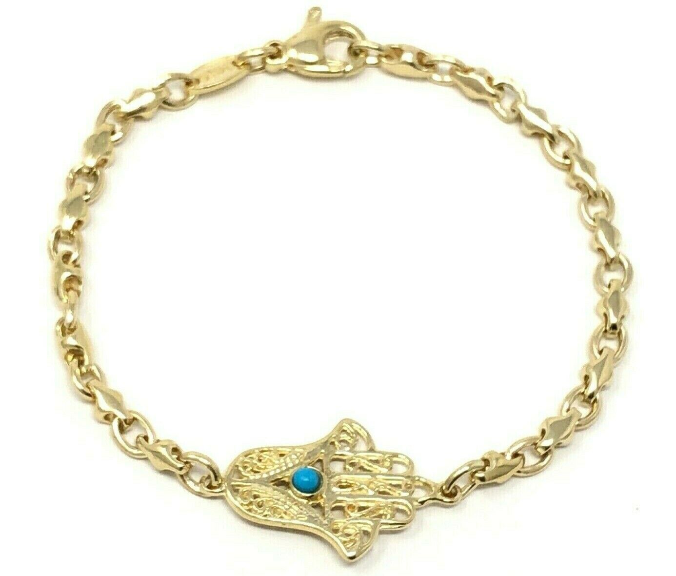 14k Yellow Gold Hamsa Hand of Fatima Charm Bracelet with Turquoise 7" 9.7 grams