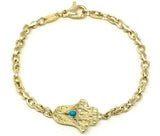 14k Yellow Gold Hamsa Hand of Fatima Charm Bracelet with Turquoise 7" 9.7 grams