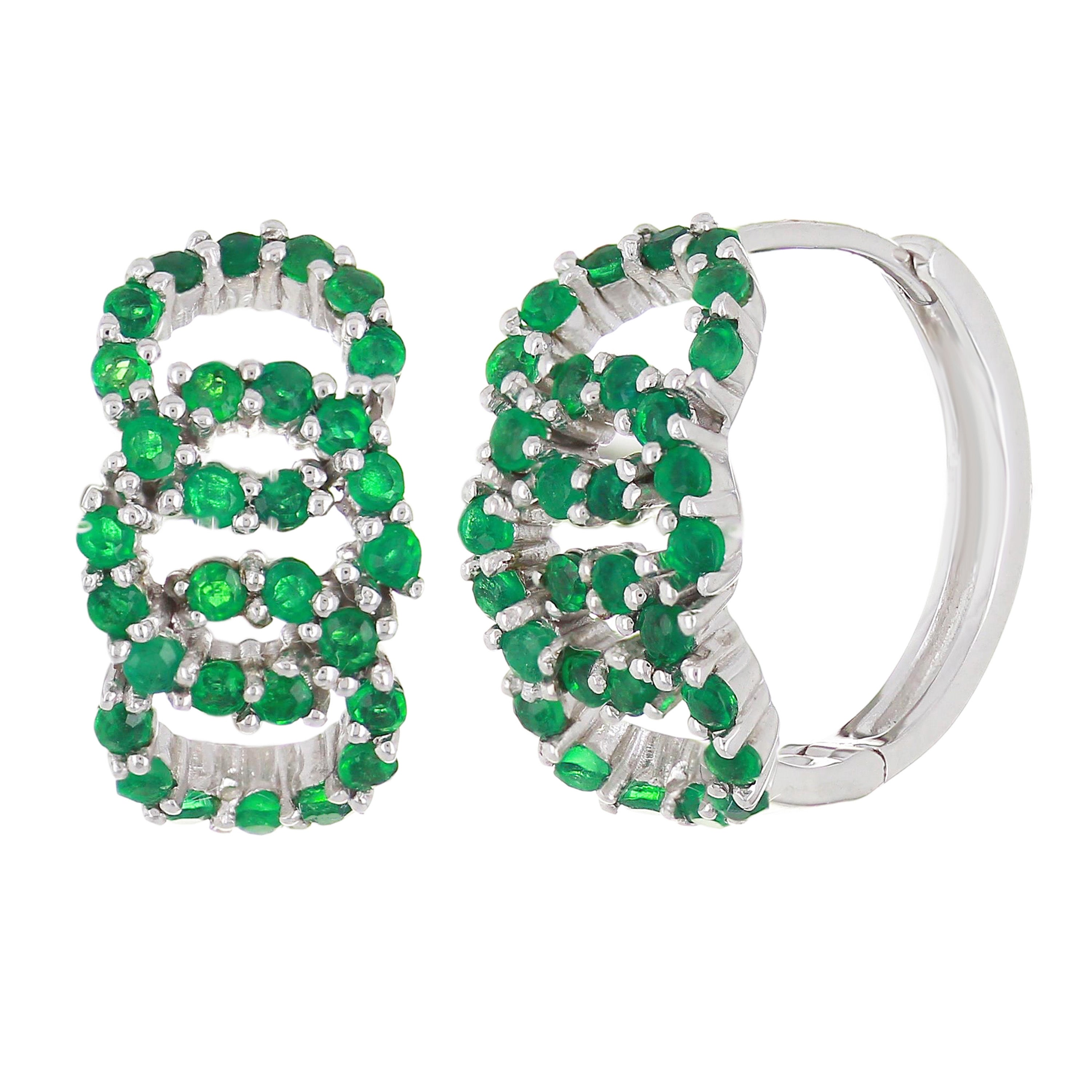14k White Gold Emerald Eternity Circle Pave Huggie Hoop Earrings