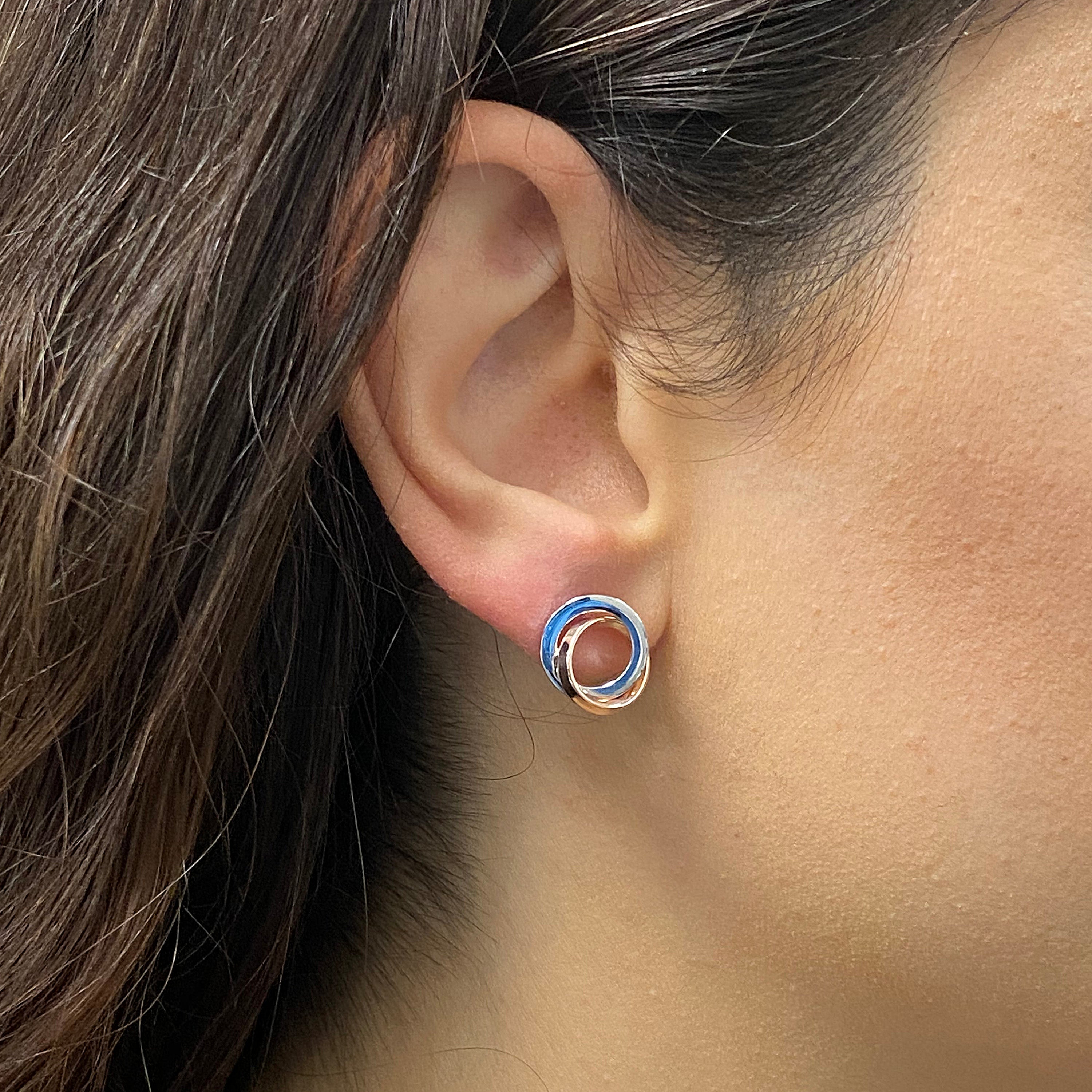 Italian 14k White & Rose Gold Shiny Tubular Double Eternity Circle Stud Earrings - Square Tubular