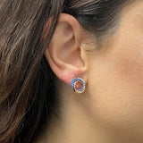 Italian 14k White & Rose Gold Shiny Tubular Double Eternity Circle Stud Earrings - Square Tubular