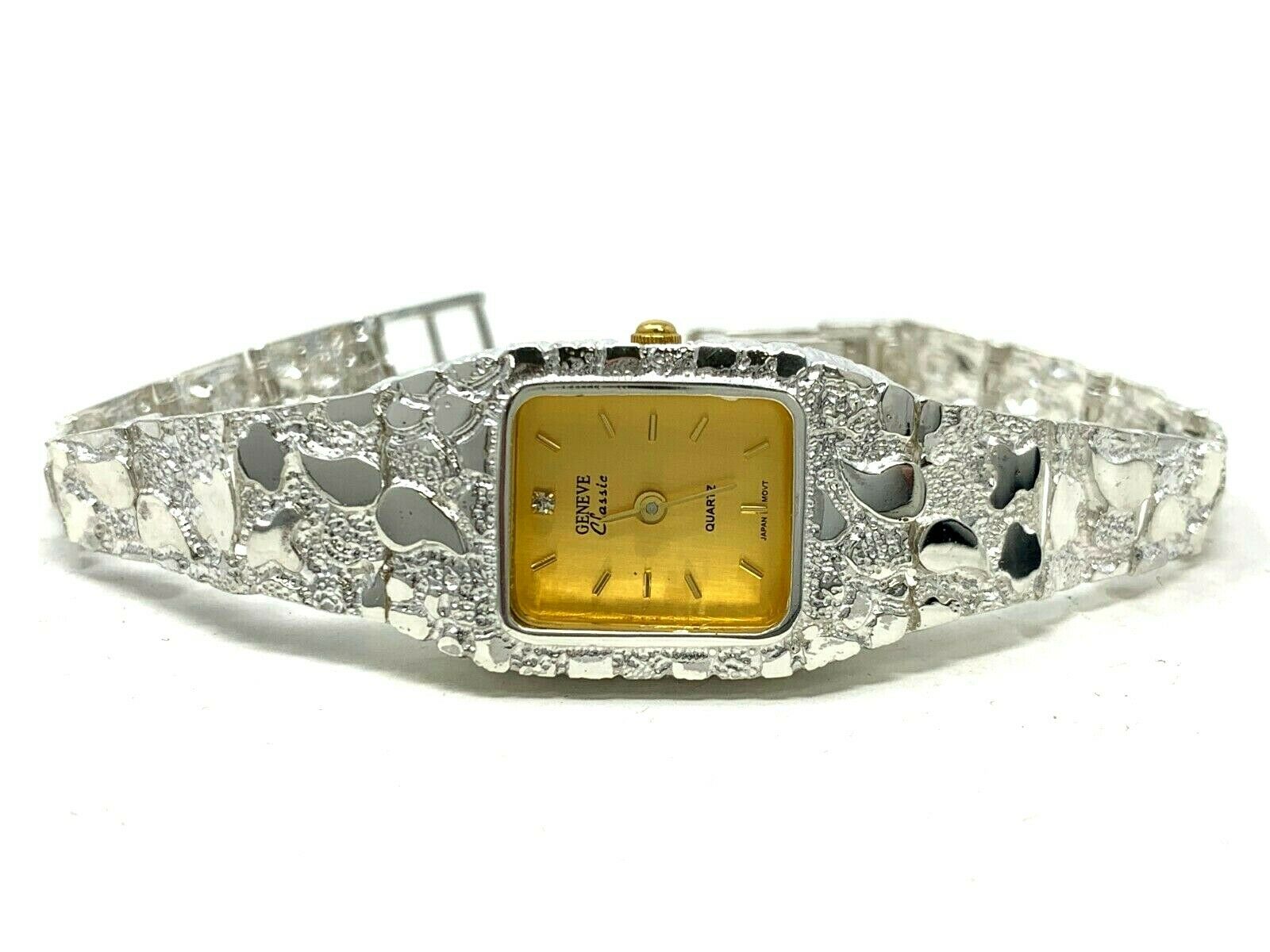 Women's 925 Sterling Silver Nugget Geneve Diamond Watch 6.5" 24 grams