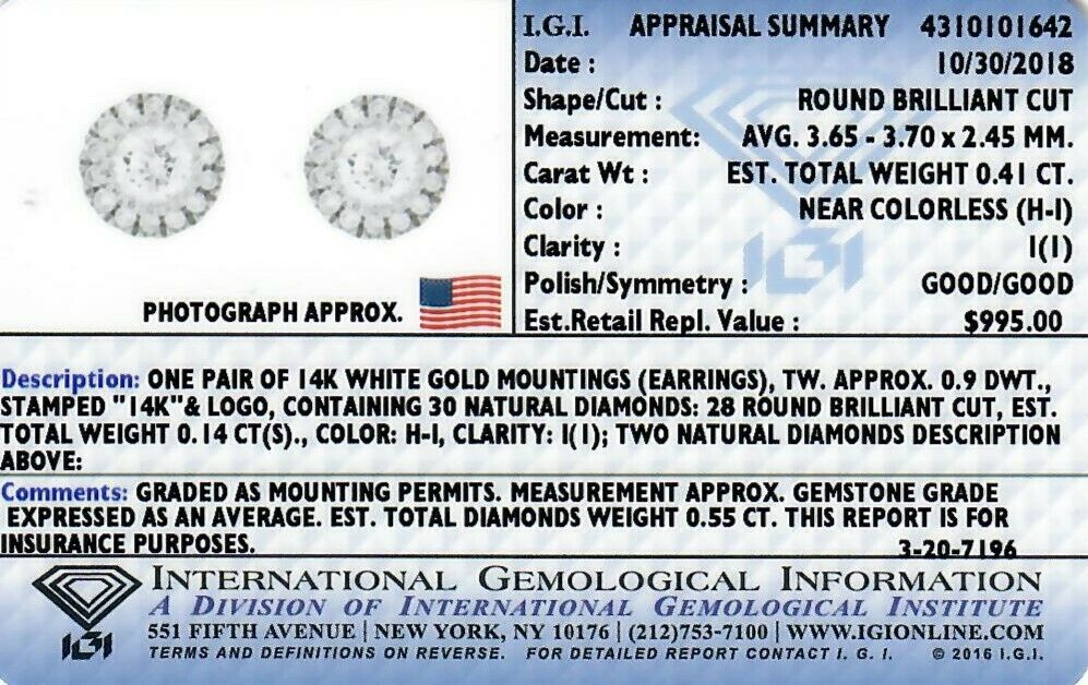 14k White Gold Round Diamond Halo Earrings Studs 0.55 TW IGI CERTIFIED - White,0.55 ctw