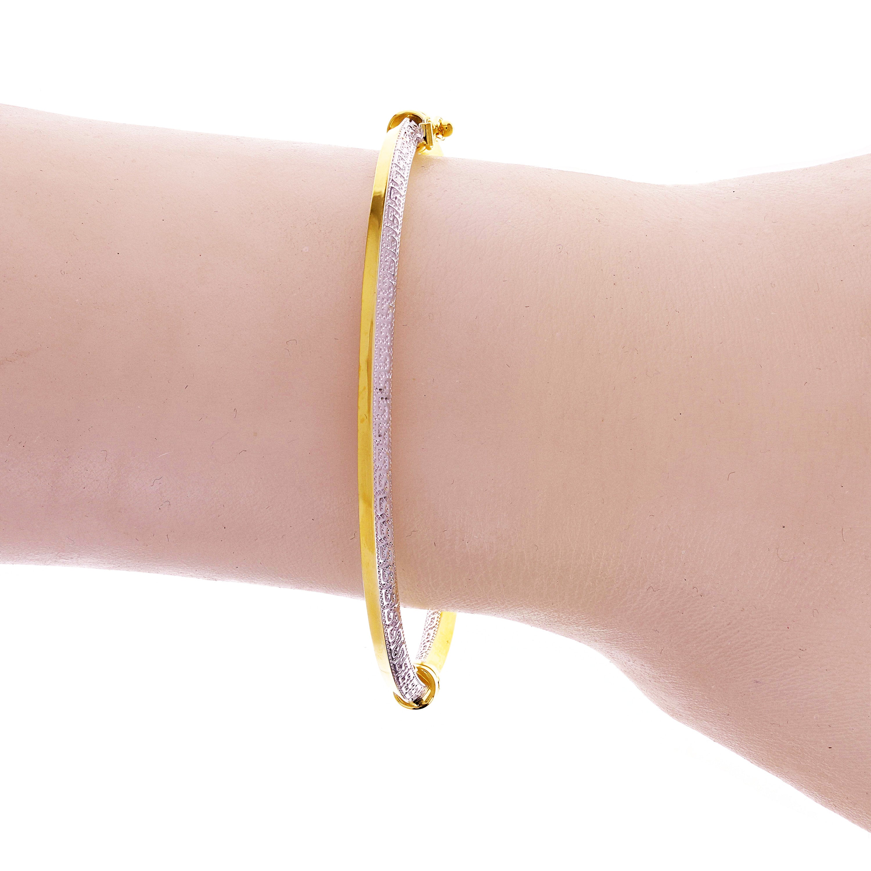 Italian 14k Two-Tone Gold Greek Key Bangle Bracelet 7" 3.6mm 5.2 grams