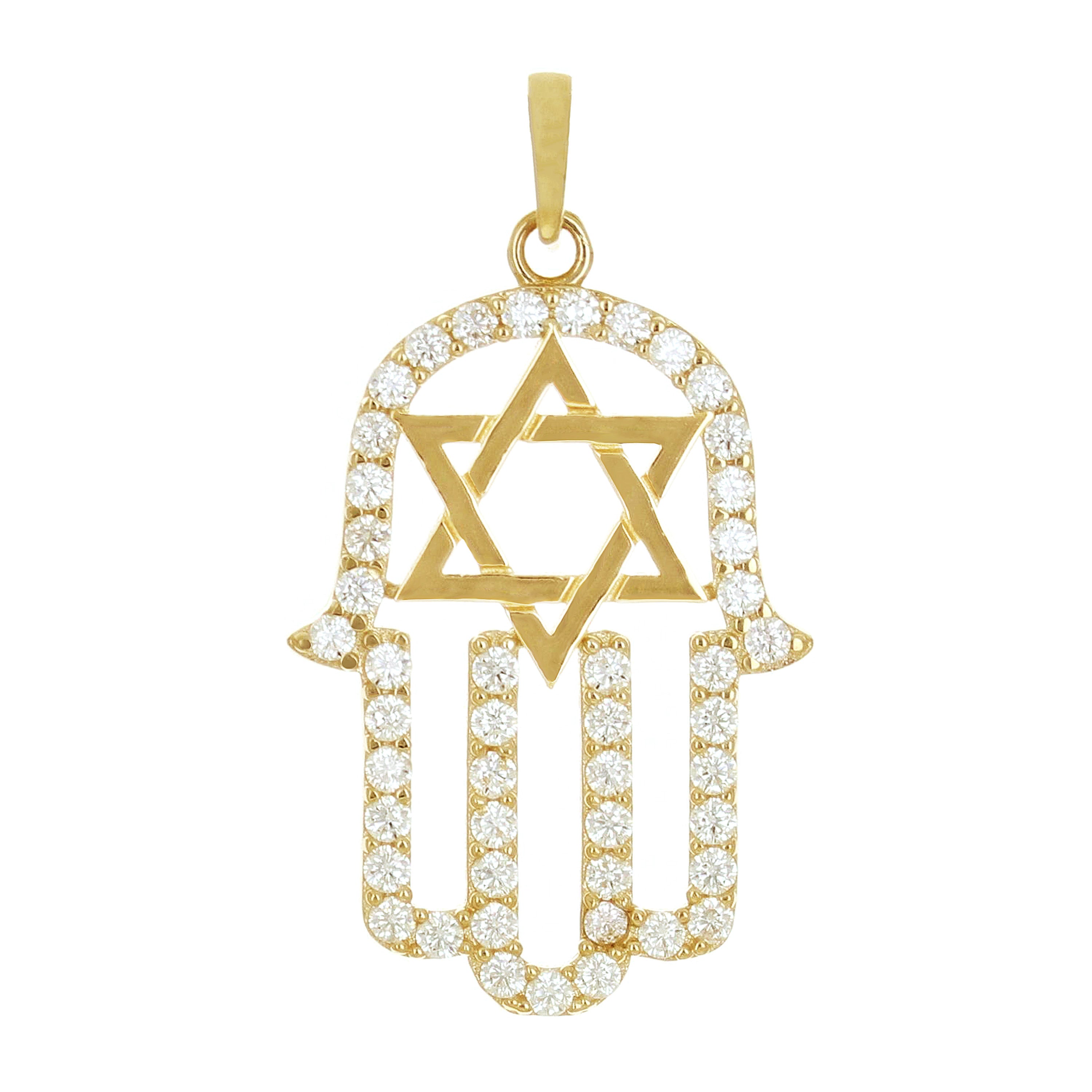 Italian 14k Yellow Gold Star of David Hamsa Charm Pendant with Cubic Zirconia 1"