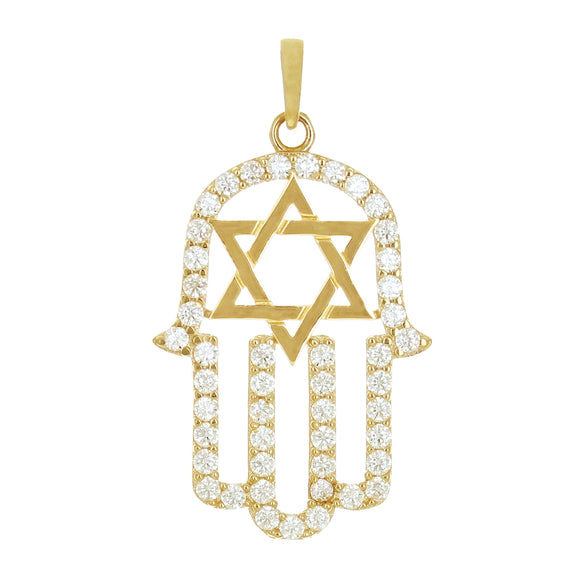 Italian 14k Yellow Gold Star of David Hamsa Charm Pendant with Cubic Zirconia 1