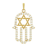Italian 14k Yellow Gold Star of David Hamsa Charm Pendant with Cubic Zirconia 1"