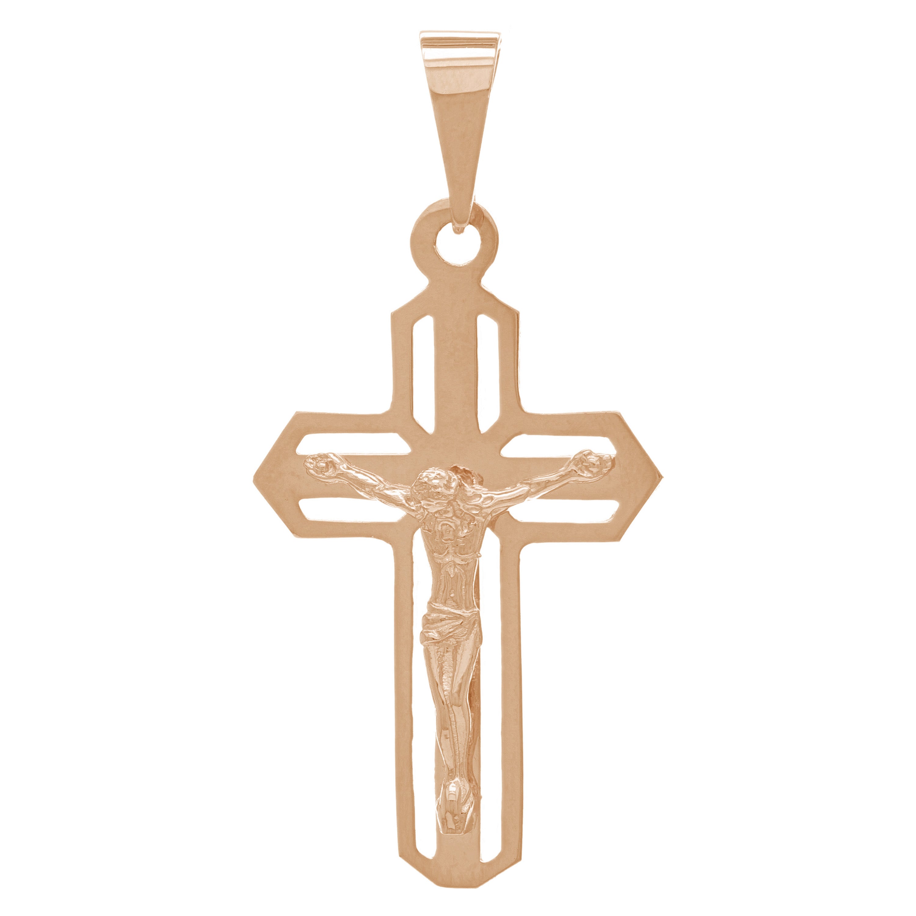 14k Rose Gold Open Cutwork Jesus on Cross Artisan Crucifix Charm Pendant - Rose