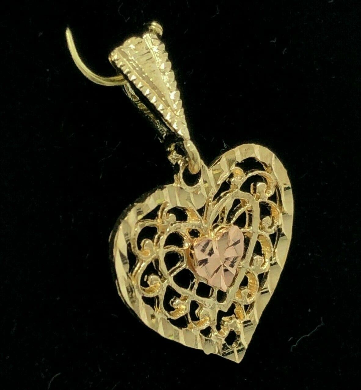 14k Two Tone Rose and Yellow Gold Solid Filigree Heart Charm Pendant 1.1 grams