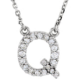 14k White Gold Diamond Initial Letter Q Alphabet Rolo Pendant Necklace 18" - Letter Q,White